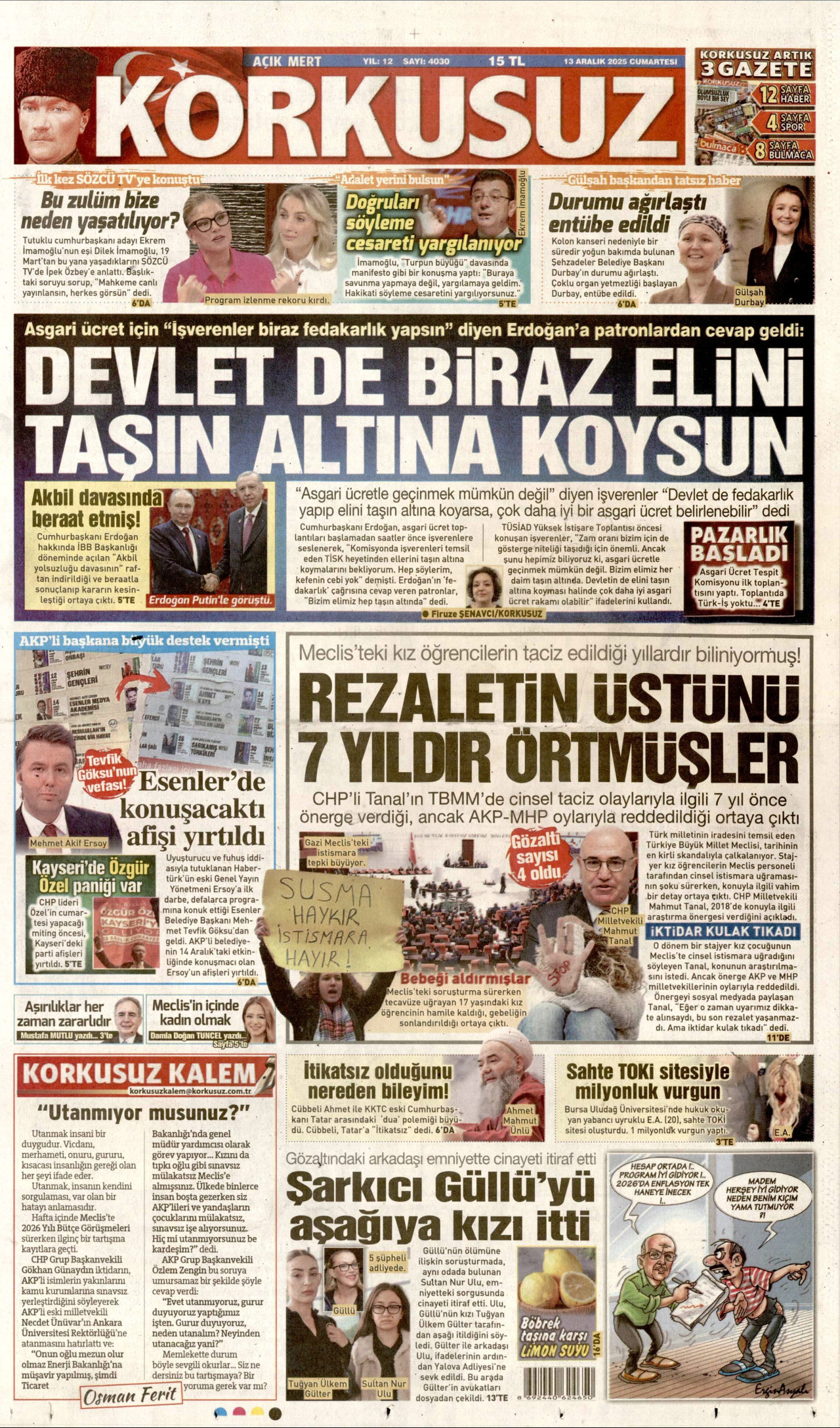 KORKUSUZ gazetesinin 13 Aralık 2025 tarihli birinci sayfası