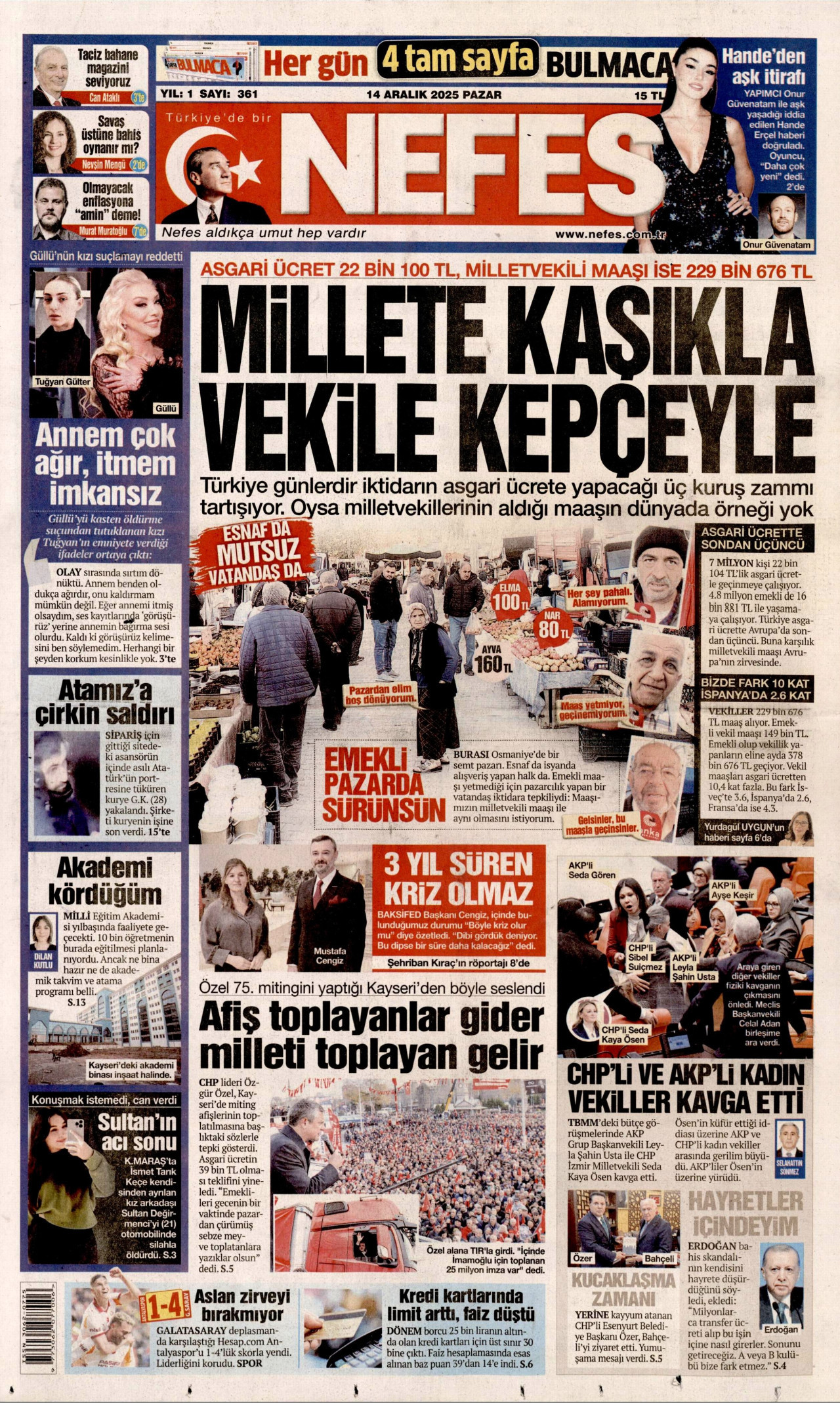 NEFES gazetesinin 14 Aralık 2025 tarihli birinci sayfası