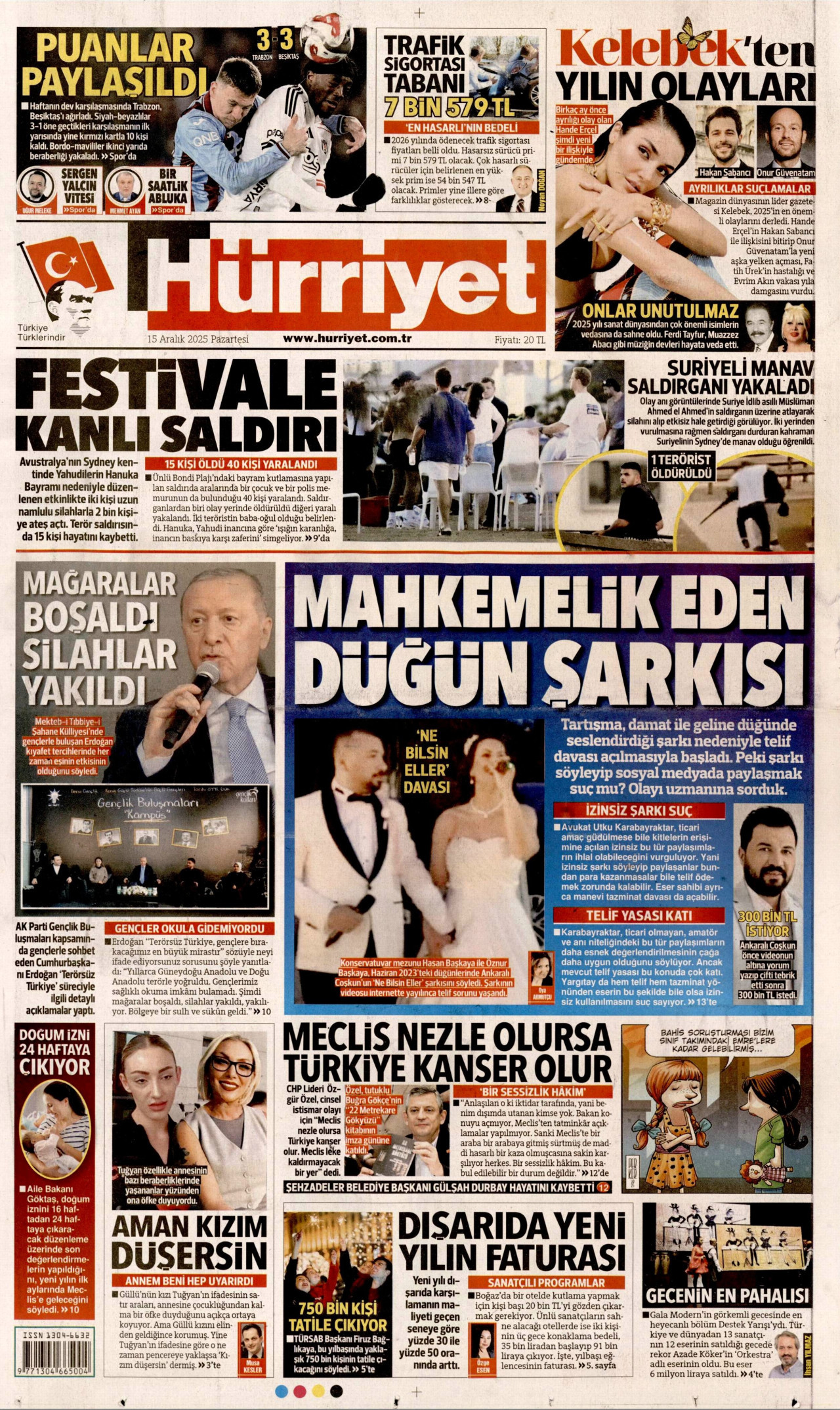 HÜRRİYET gazetesinin 15 Aralık 2025 tarihli birinci sayfası