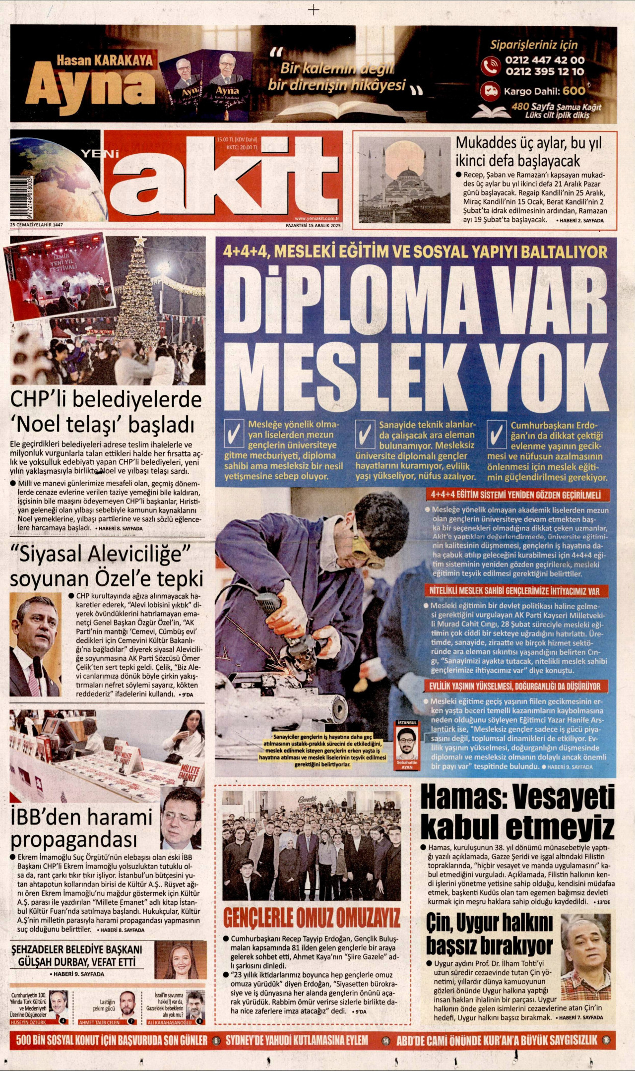 YENİ AKİT gazetesinin 15 Aralık 2025 tarihli birinci sayfası
