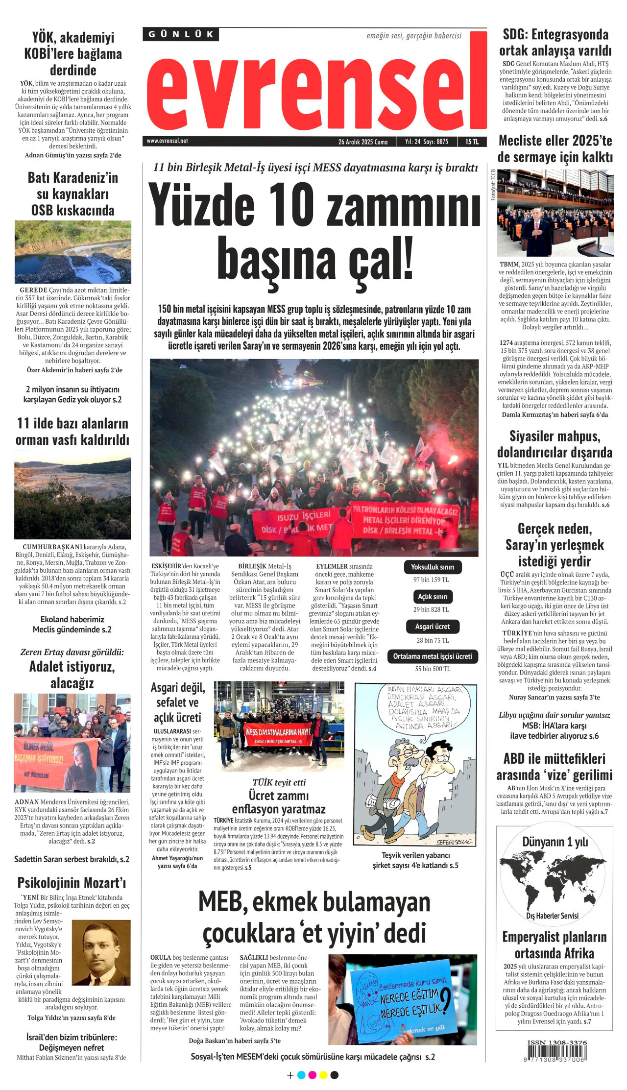 EVRENSEL gazetesinin 26 Aralık 2025 tarihli birinci sayfası
