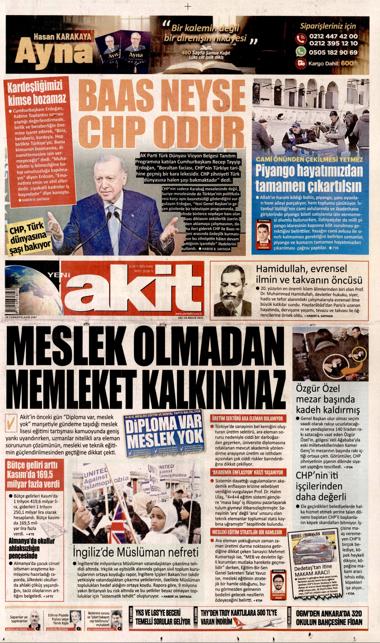 YENİ AKİT gazetesinin 16 Aralık 2025 tarihli birinci sayfası