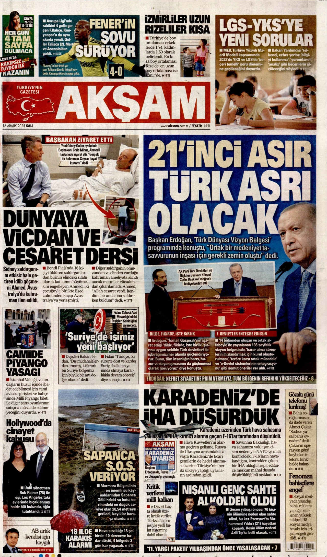 AKŞAM gazetesinin 16 Aralık 2025 tarihli birinci sayfası
