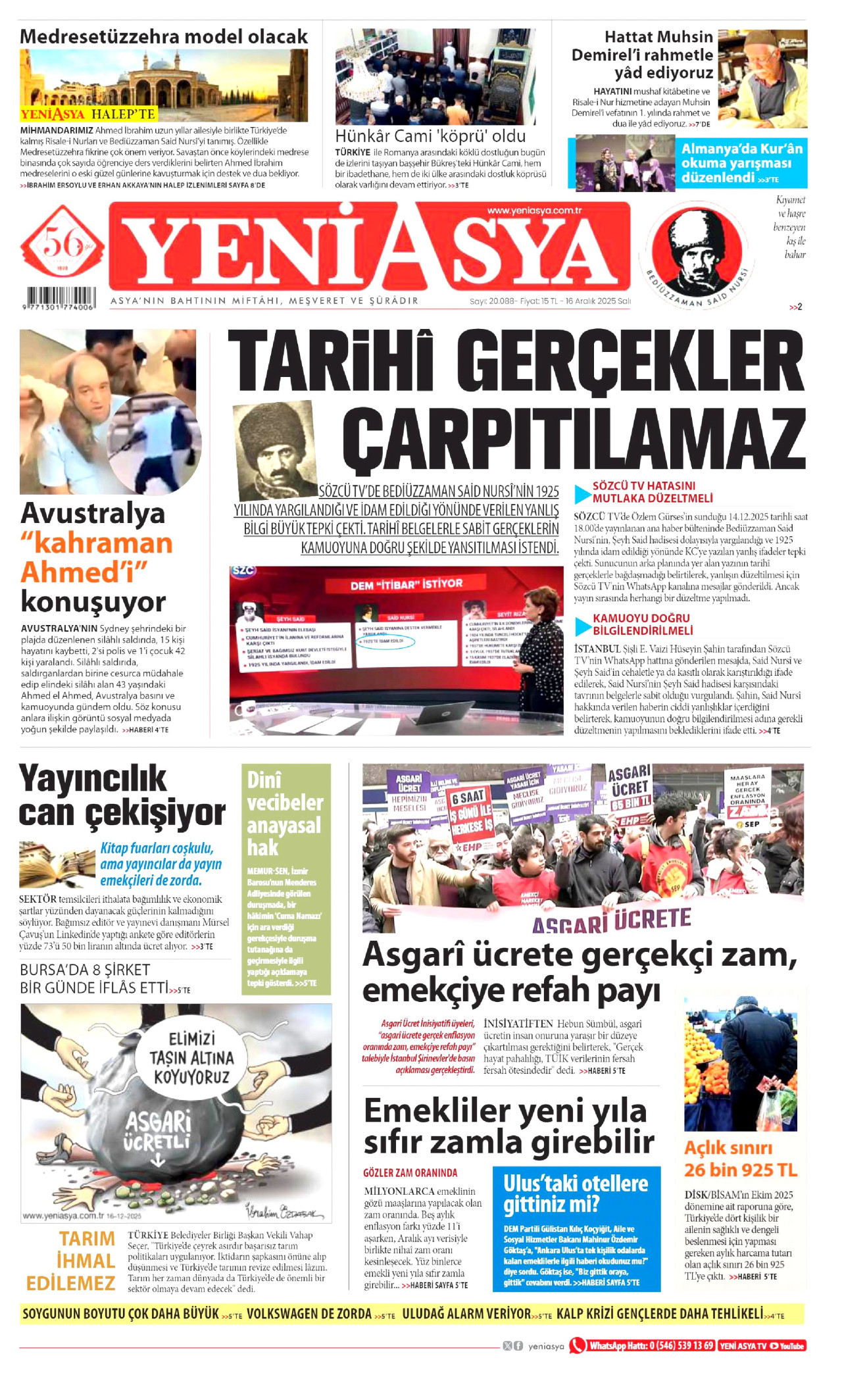 YENİ ASYA gazetesinin 16 Aralık 2025 tarihli birinci sayfası