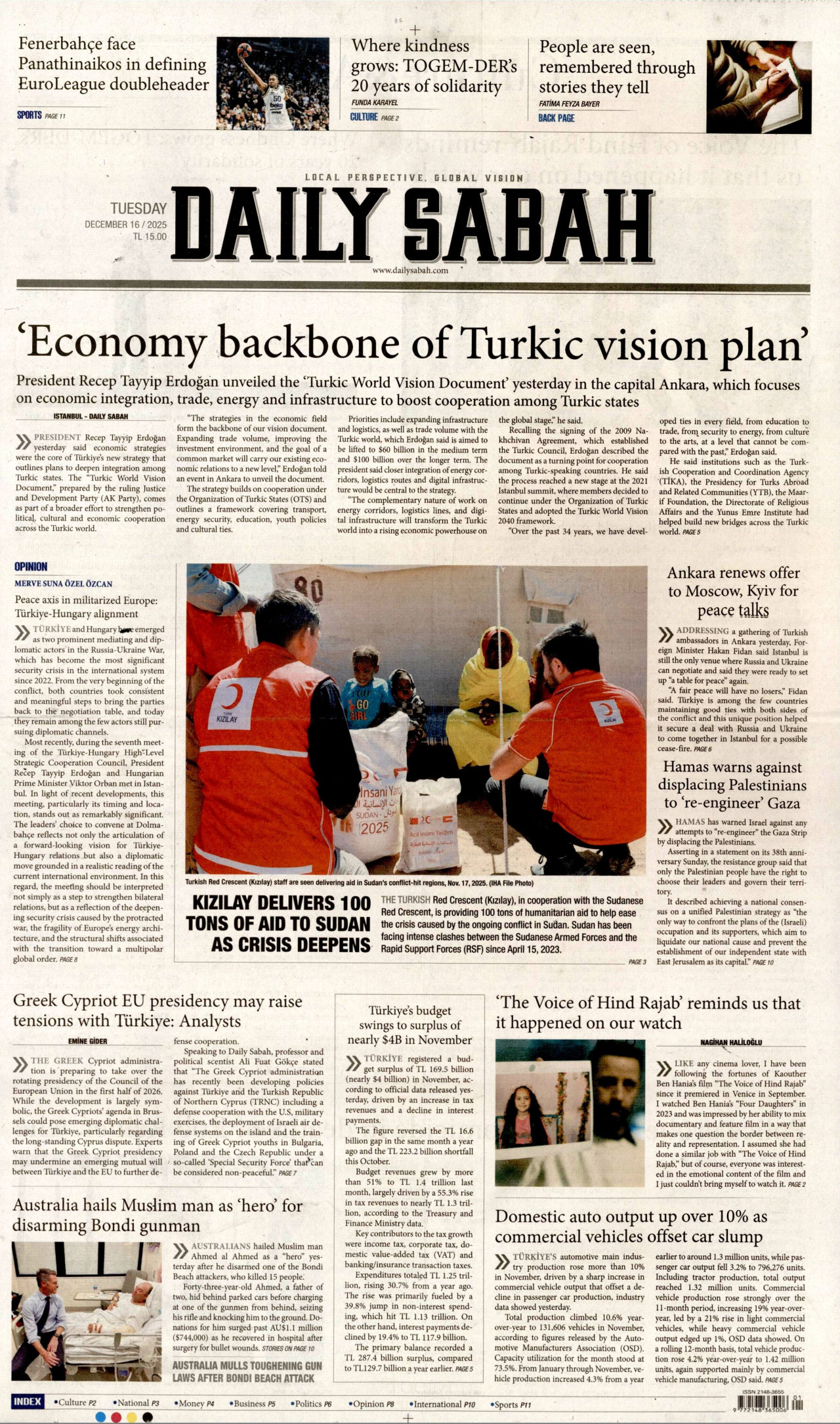 DAİLY SABAH gazetesinin 16 Aralık 2025 tarihli birinci sayfası