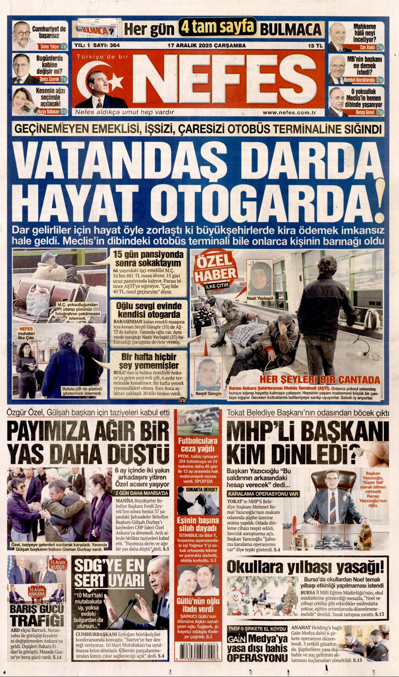 NEFES gazetesinin 17 Aralık 2025 tarihli birinci sayfası