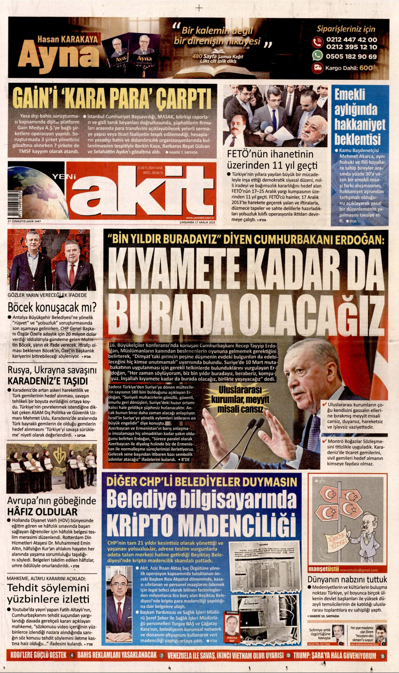 YENİ AKİT gazetesinin 17 Aralık 2025 tarihli birinci sayfası