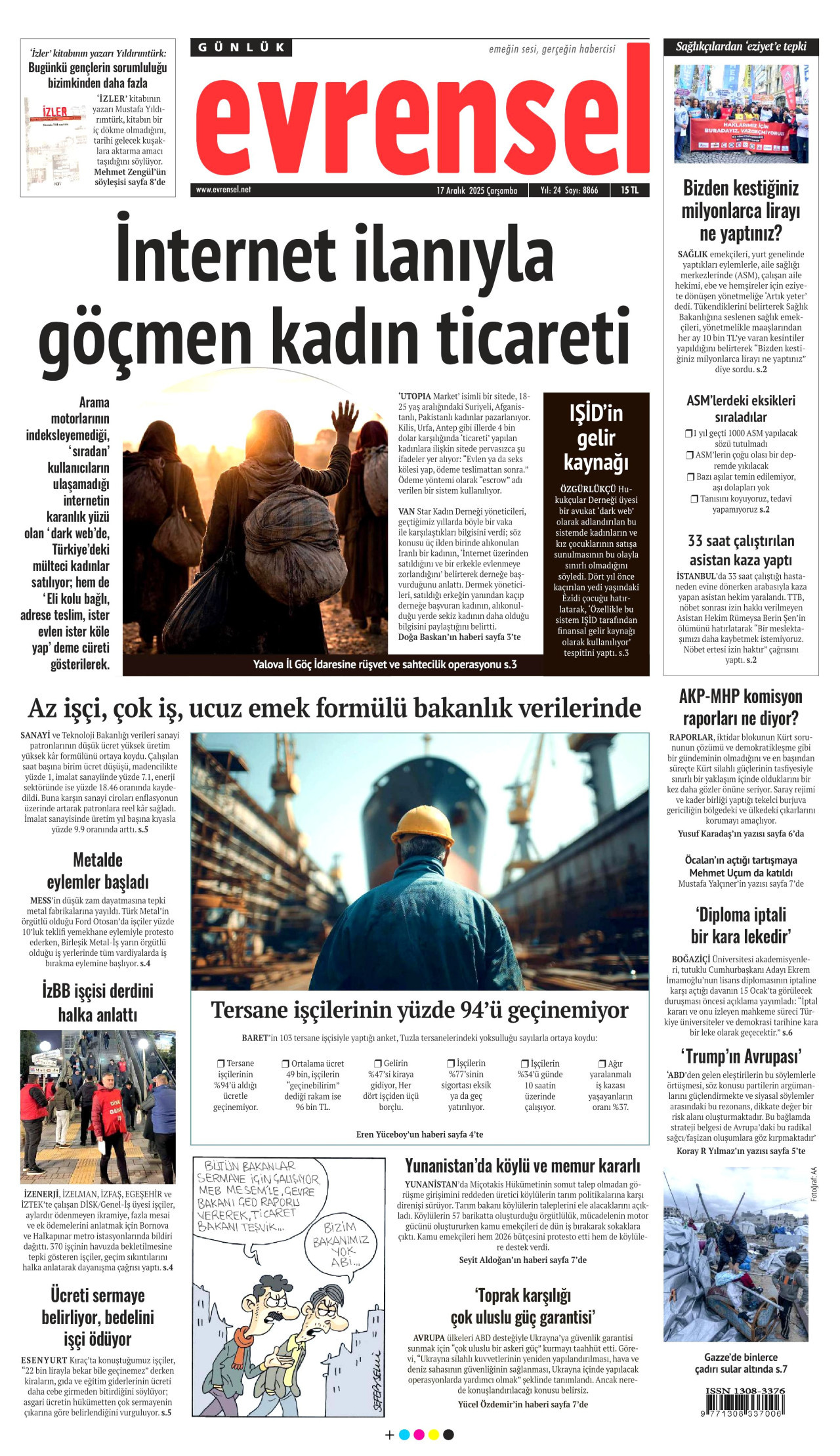 EVRENSEL gazetesinin 17 Aralık 2025 tarihli birinci sayfası