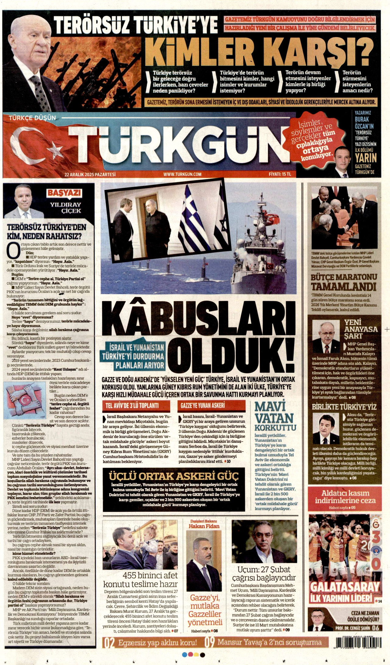 TÜRKGÜN gazetesinin 22 Aralık 2025 tarihli birinci sayfası