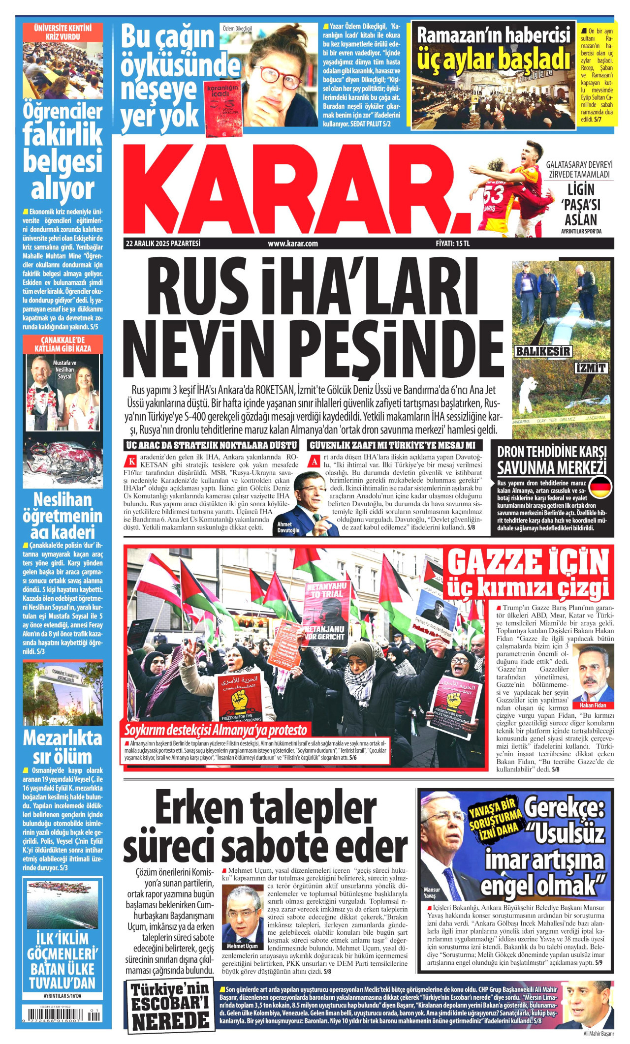 KARAR gazetesinin 22 Aralık 2025 tarihli birinci sayfası