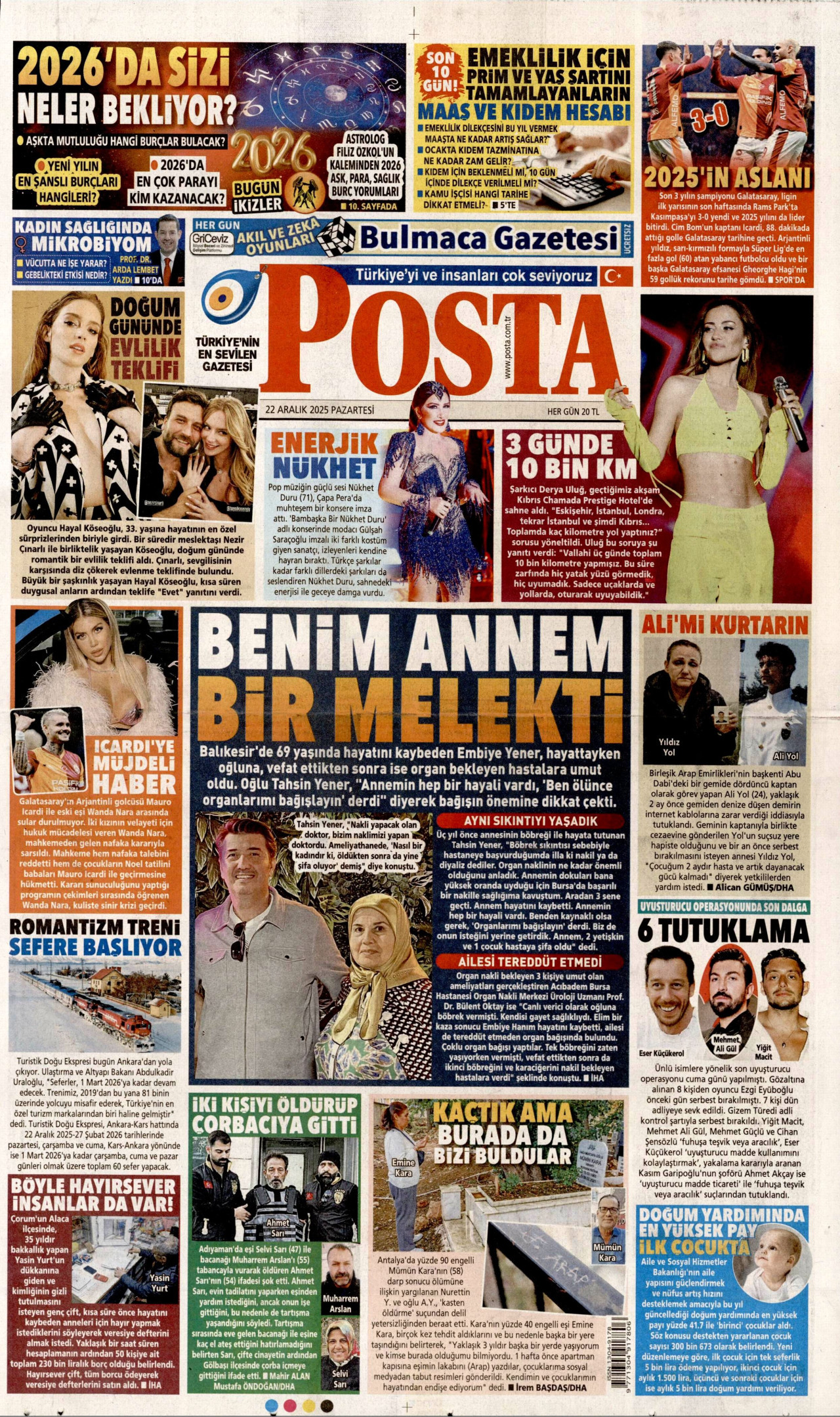 POSTA gazetesinin 22 Aralık 2025 tarihli birinci sayfası