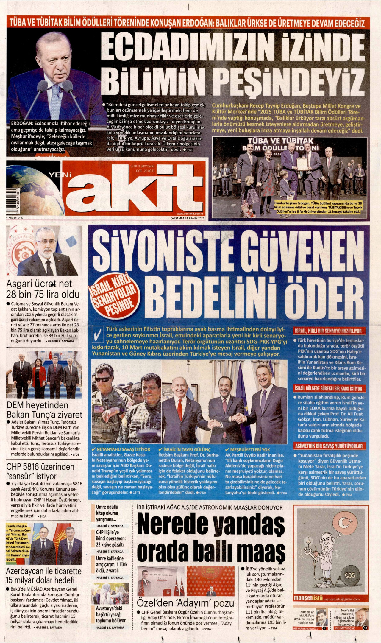 YENİ AKİT gazetesinin 24 Aralık 2025 tarihli birinci sayfası