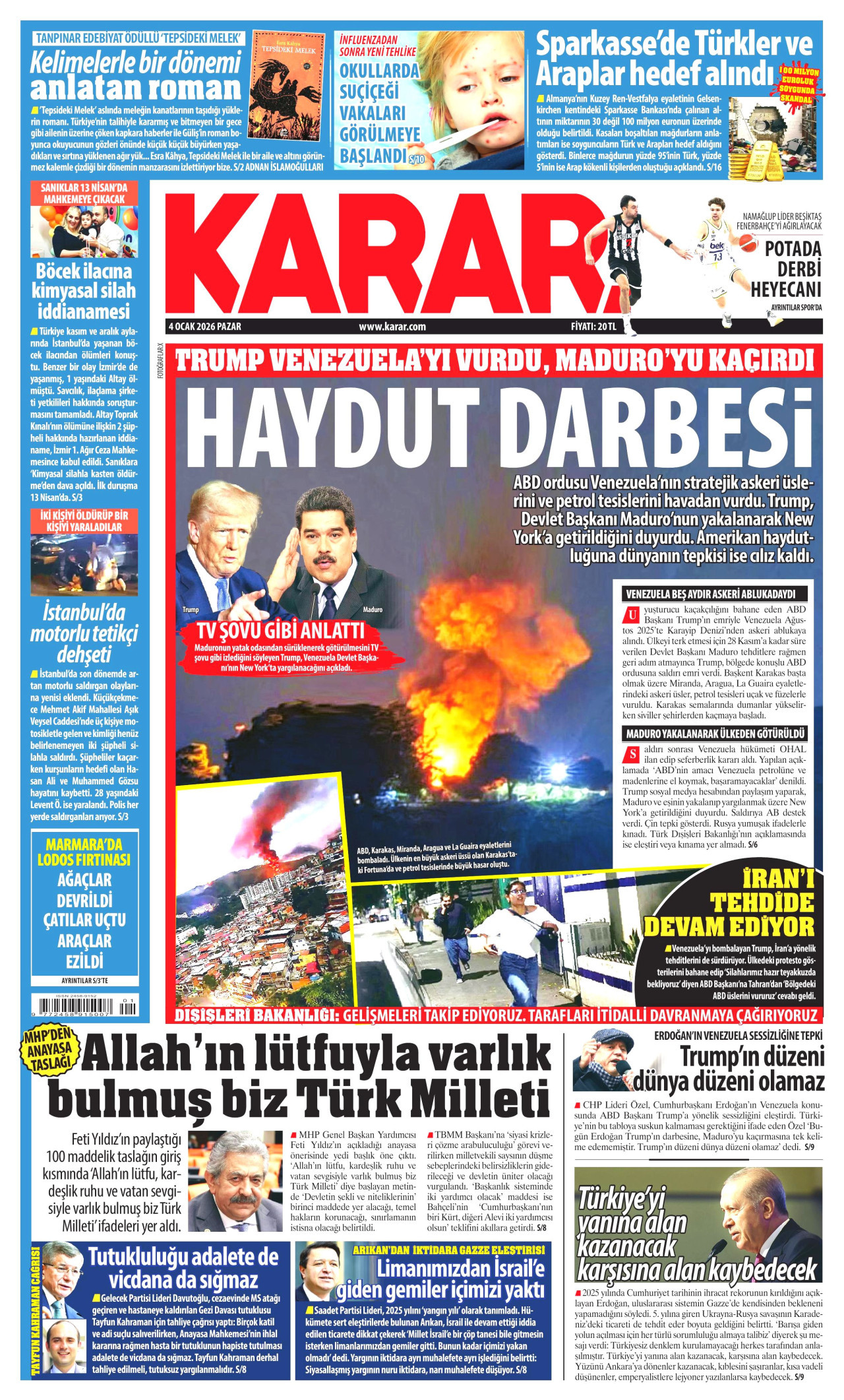 KARAR gazetesinin 4 Ocak 2026 tarihli birinci sayfası