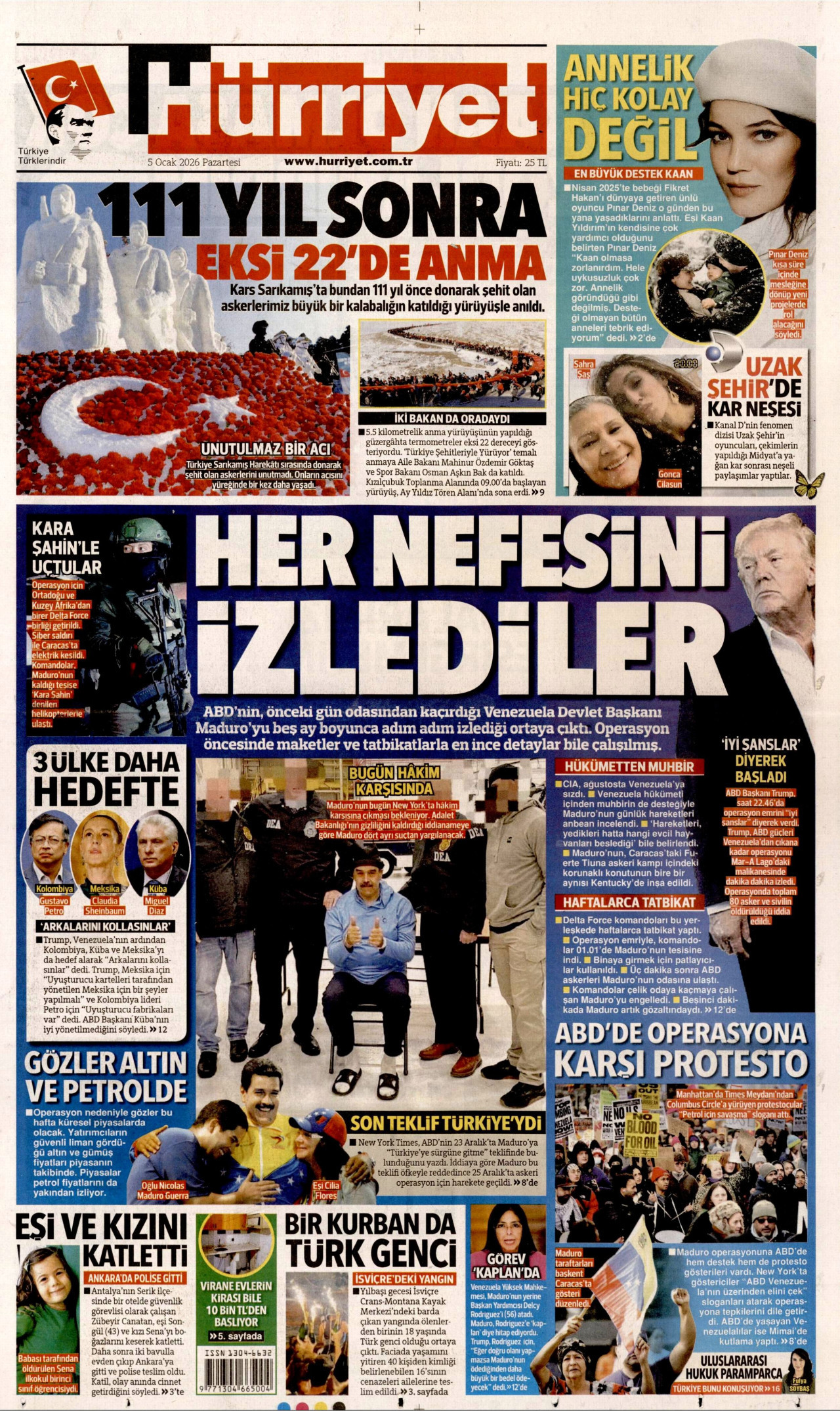 HÜRRİYET gazetesinin 5 Ocak 2026 tarihli birinci sayfası