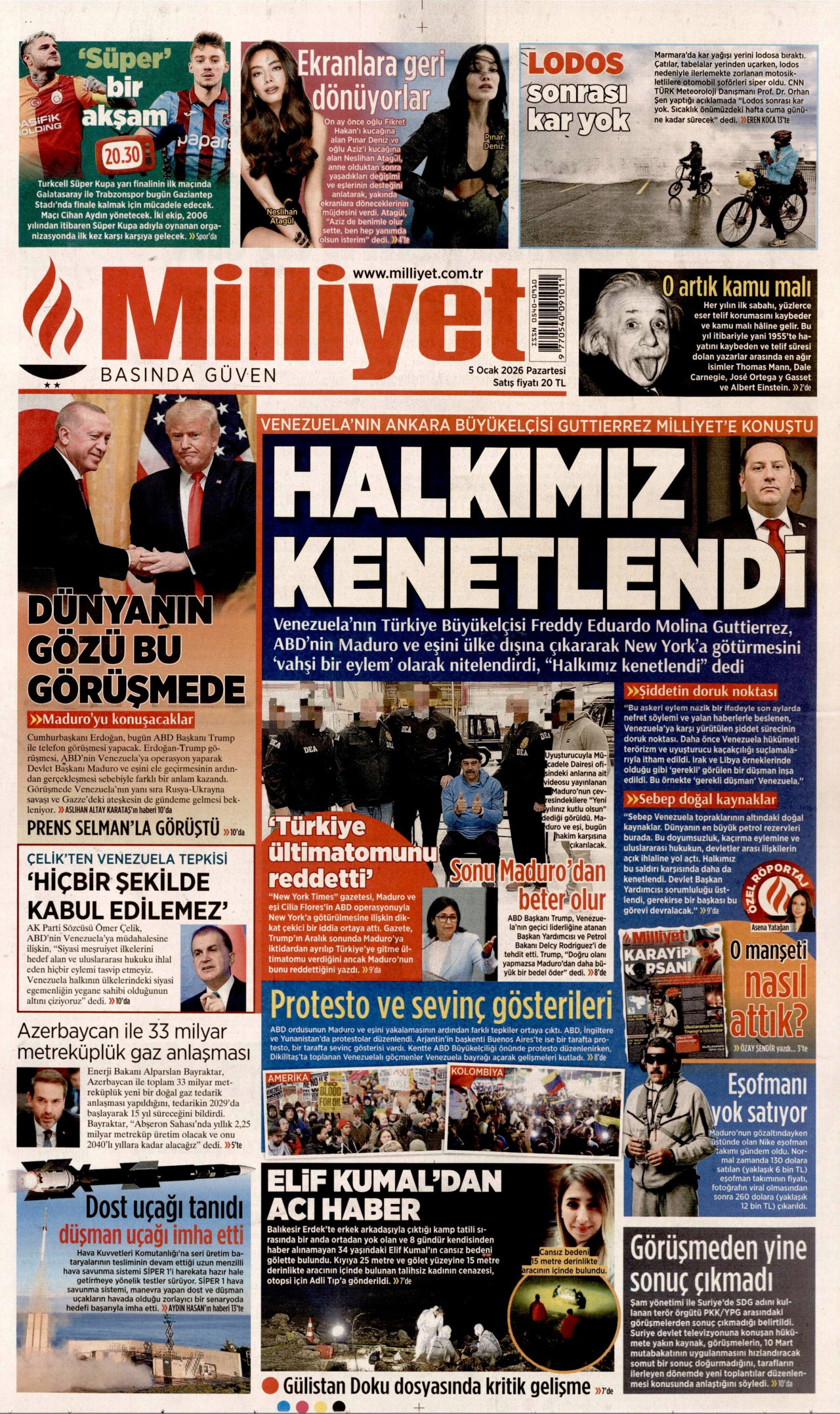 MİLLİYET gazetesinin 5 Ocak 2026 tarihli birinci sayfası