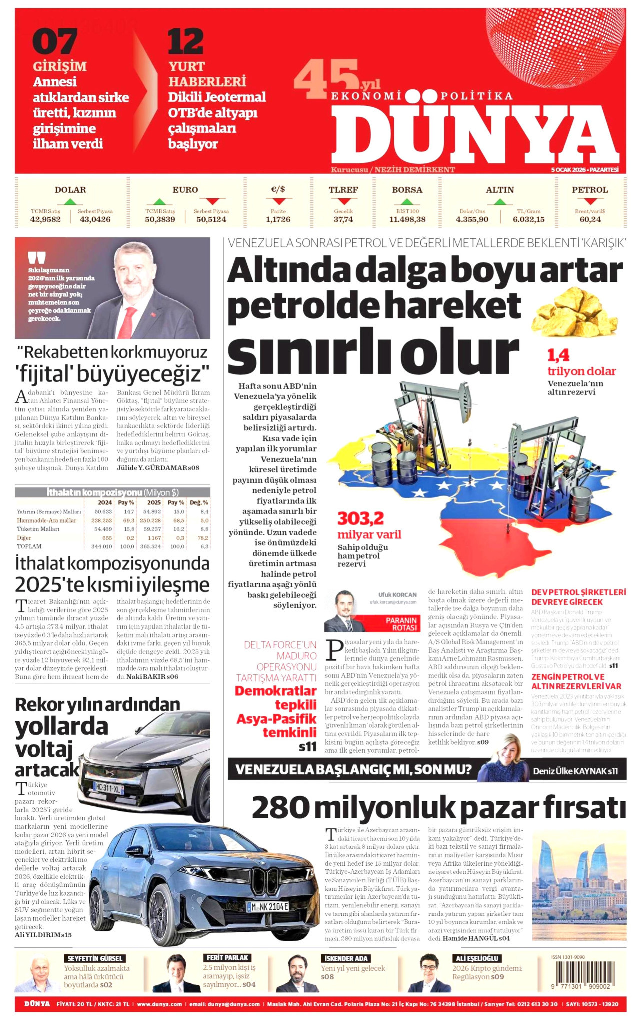 DÜNYA gazetesinin 5 Ocak 2026 tarihli birinci sayfası