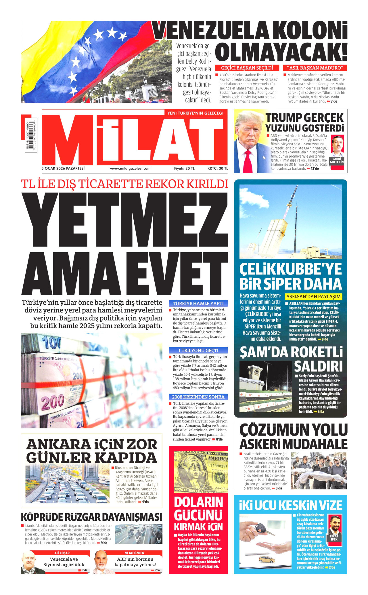 MİLAT gazetesinin 5 Ocak 2026 tarihli birinci sayfası