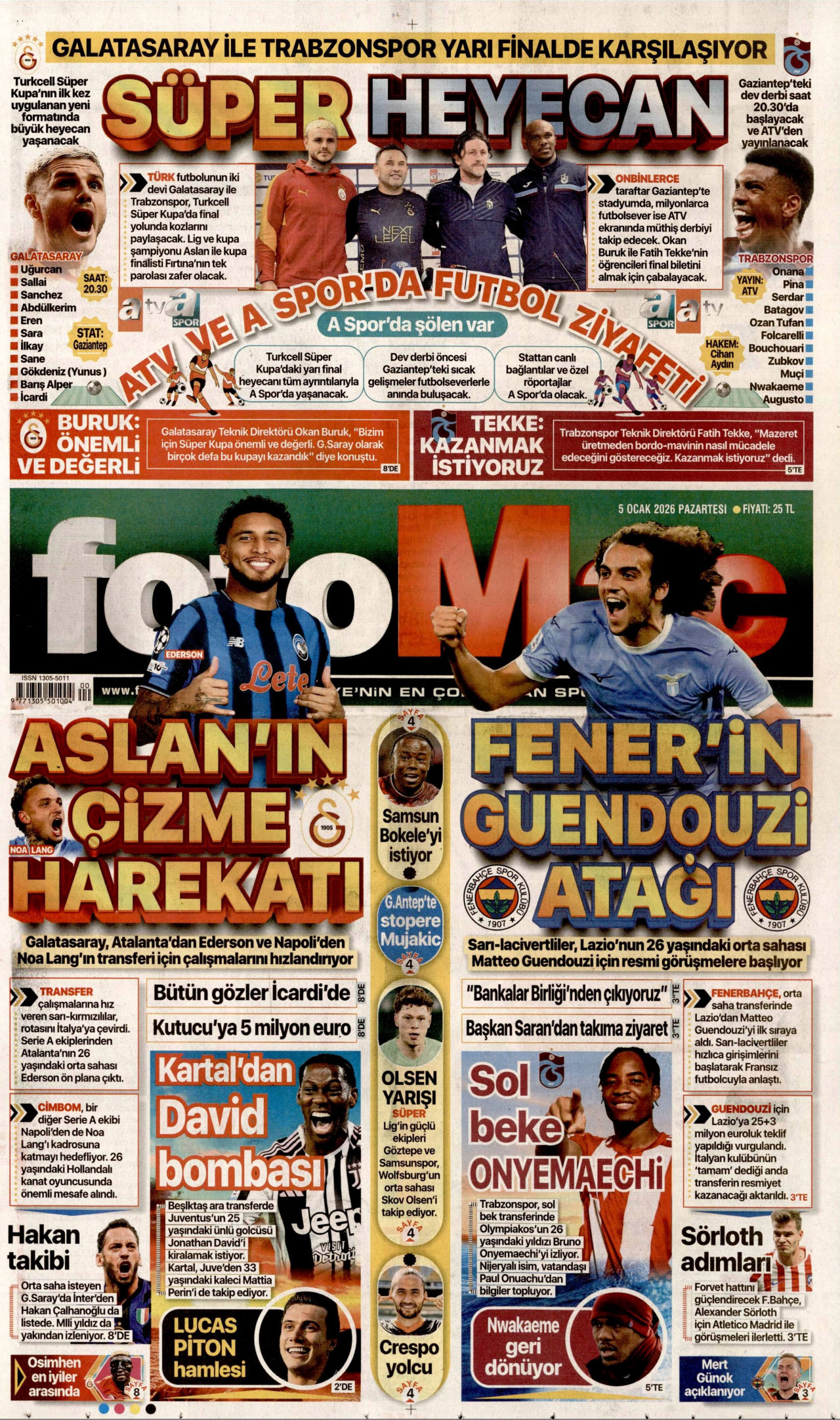 FOTOMAÇ gazetesinin 5 Ocak 2026 tarihli birinci sayfası
