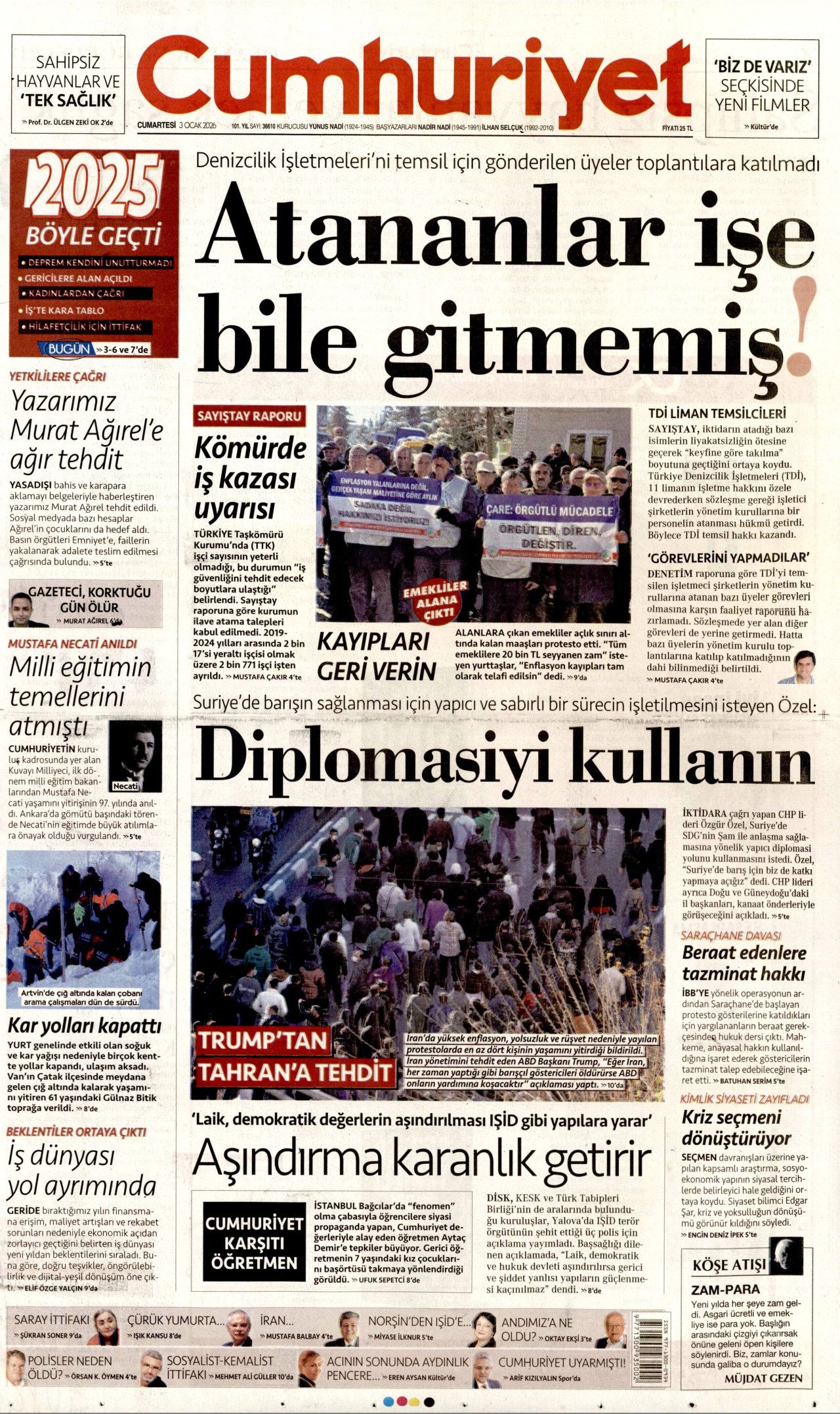 CUMHURİYET gazetesinin 3 Ocak 2026 tarihli birinci sayfası