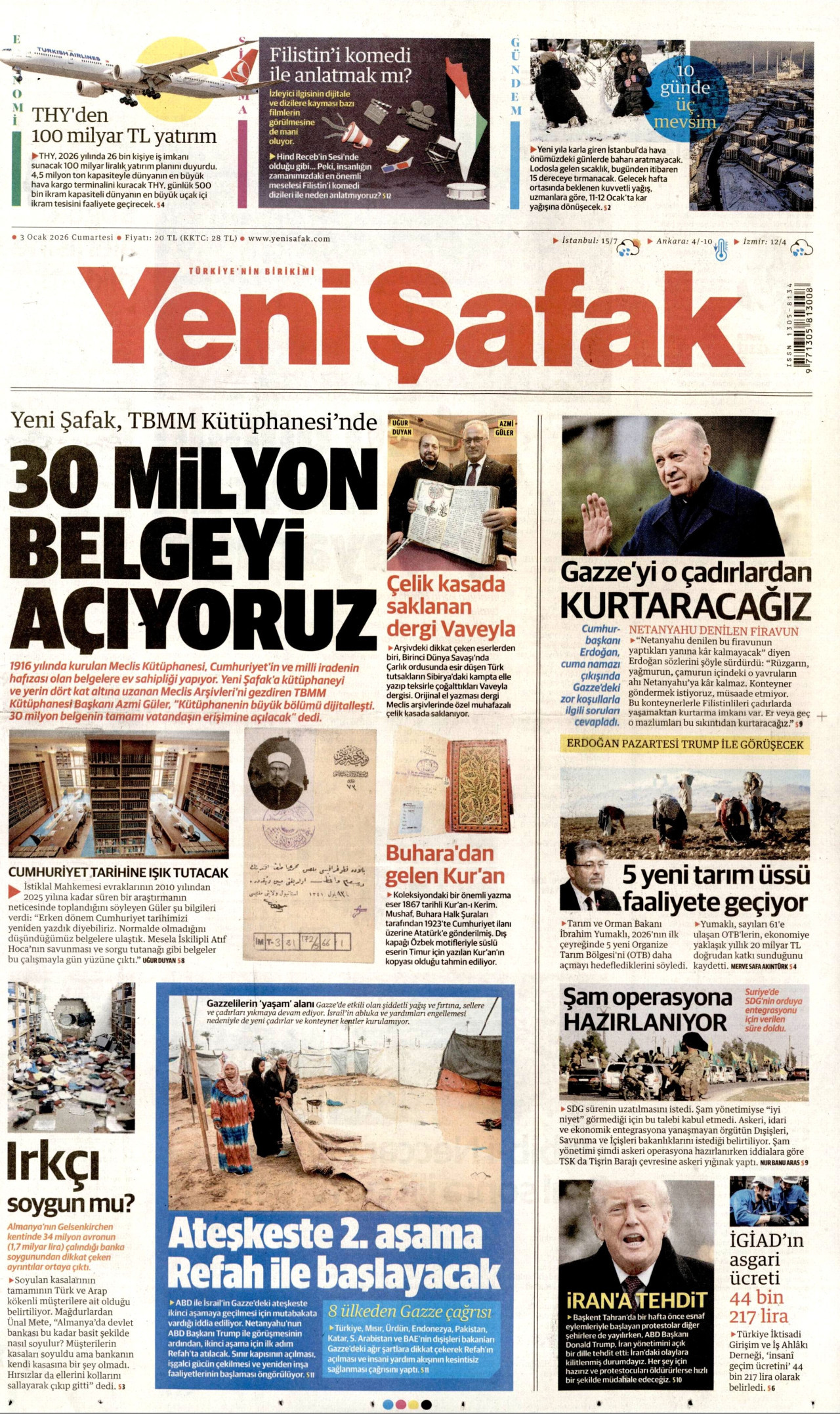 YENİ ŞAFAK gazetesinin 3 Ocak 2026 tarihli birinci sayfası