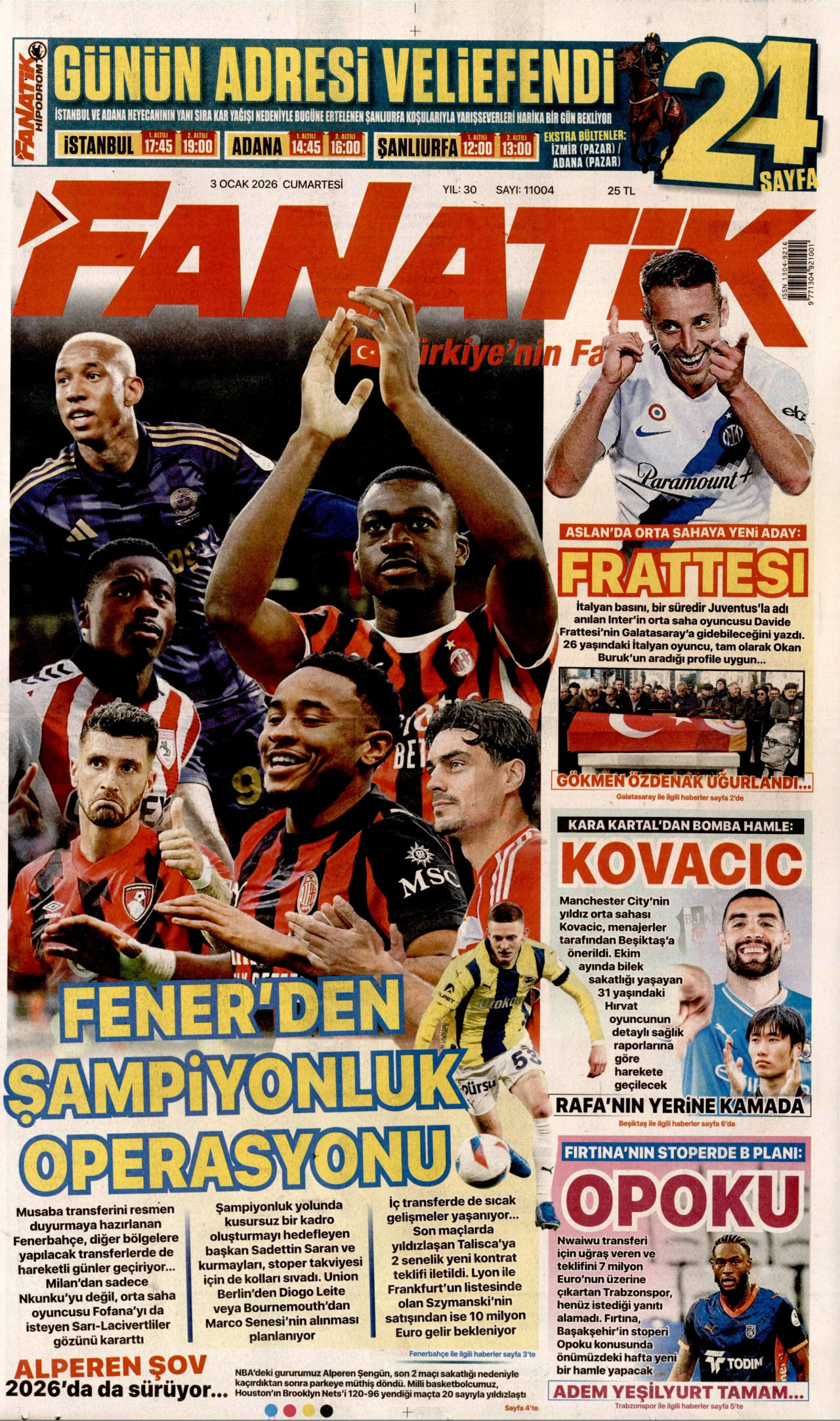 FANATİK gazetesinin 3 Ocak 2026 tarihli birinci sayfası