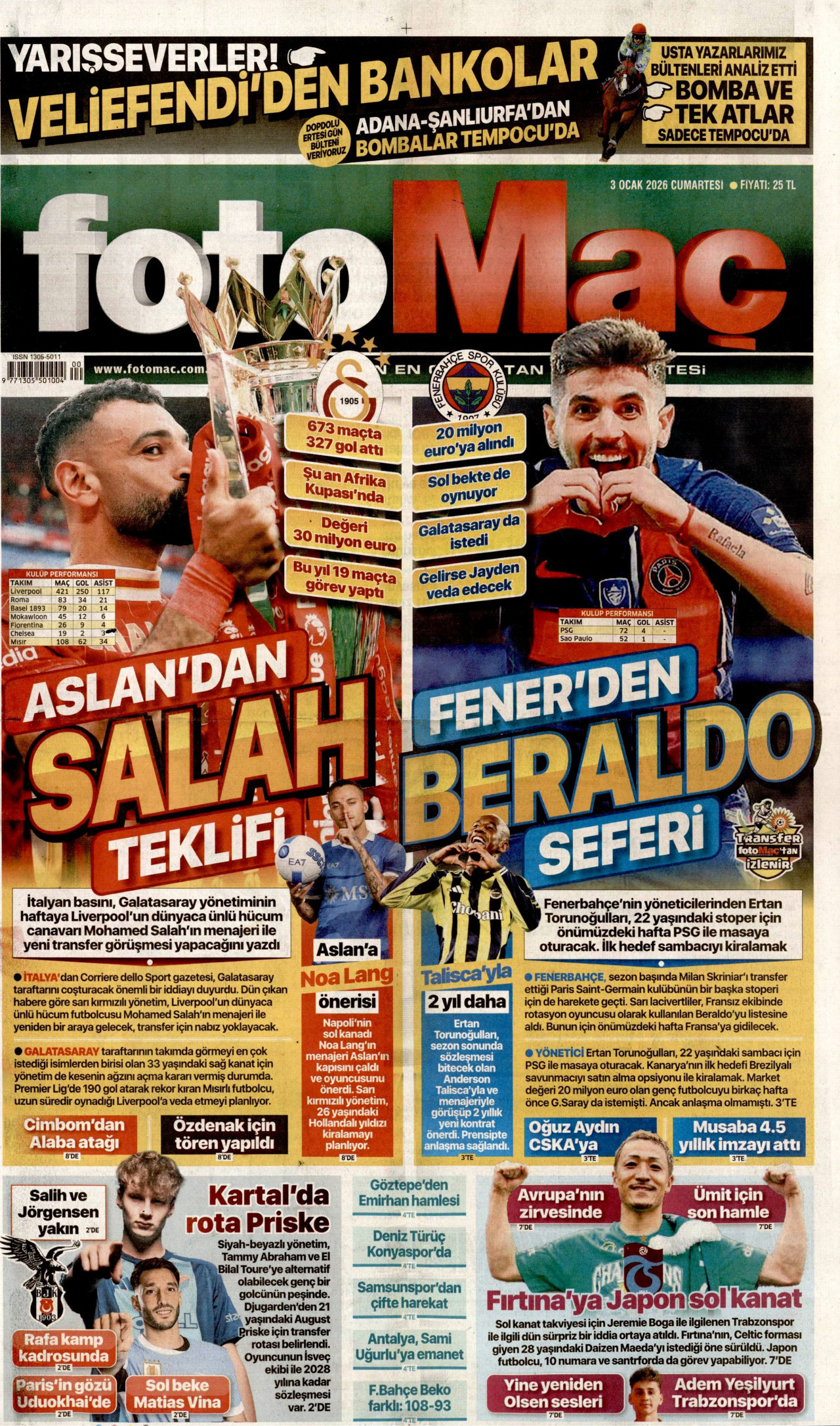 FOTOMAÇ gazetesinin 3 Ocak 2026 tarihli birinci sayfası
