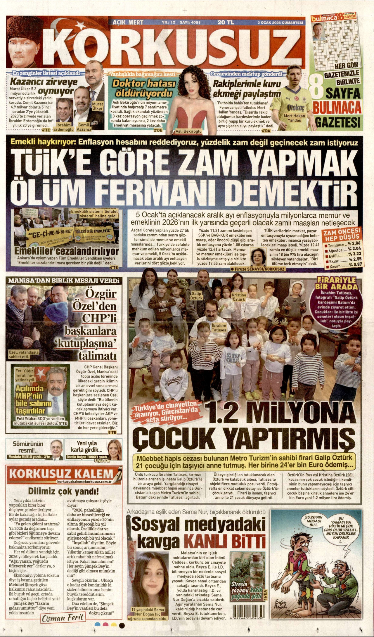 KORKUSUZ gazetesinin 3 Ocak 2026 tarihli birinci sayfası