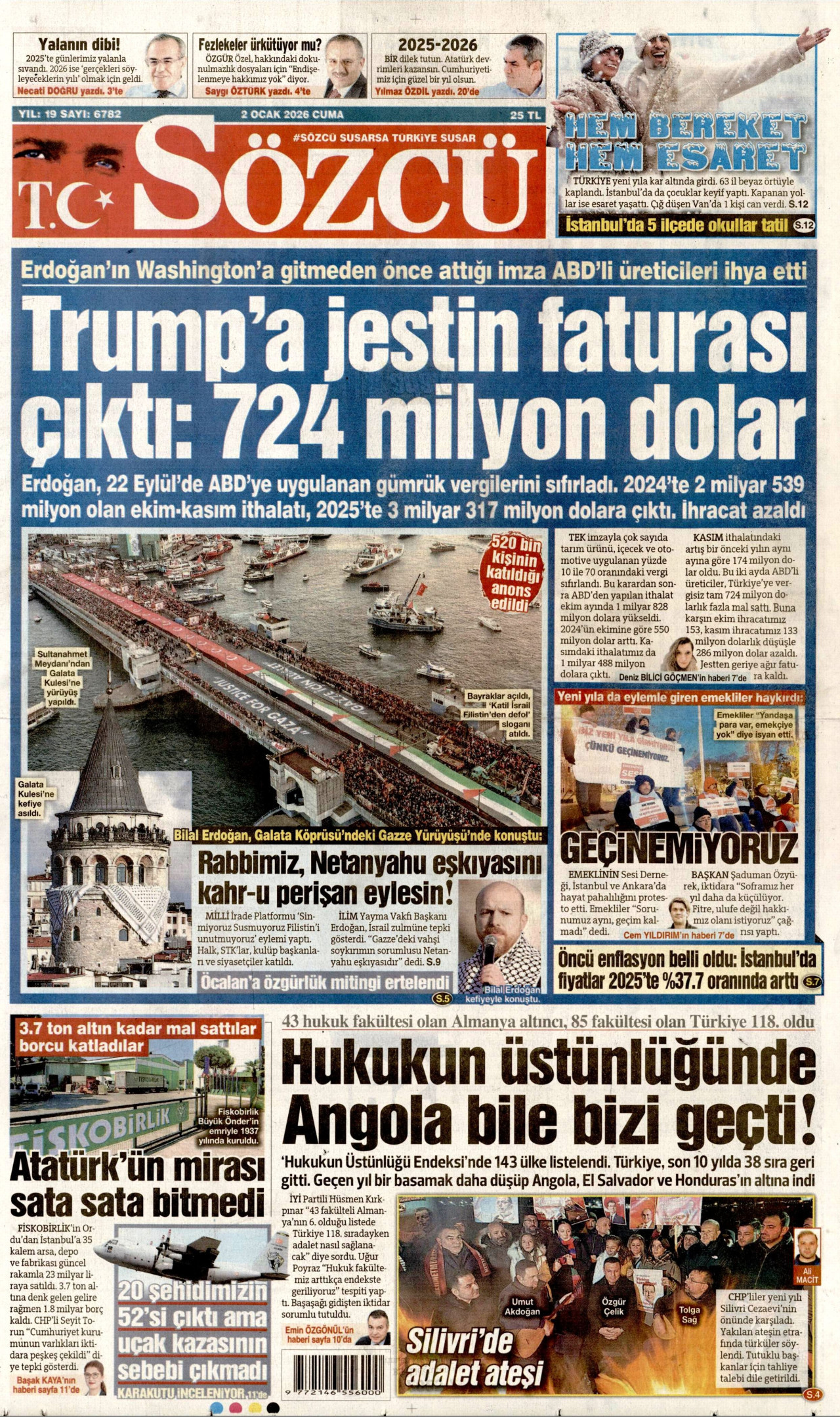 SÖZCÜ gazetesinin 2 Ocak 2026 tarihli birinci sayfası