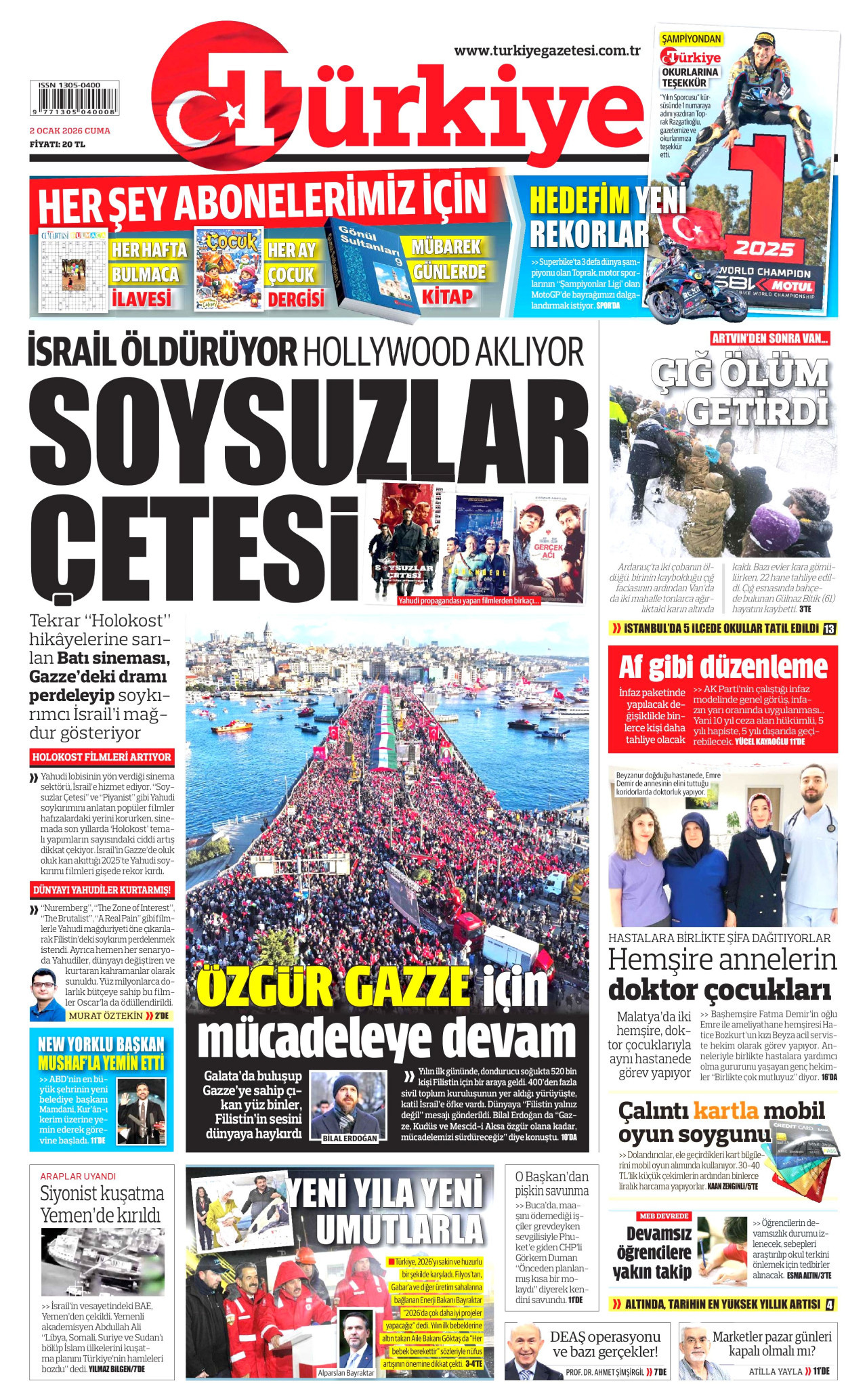 TÜRKİYE GAZETESİ gazetesinin 2 Ocak 2026 tarihli birinci sayfası