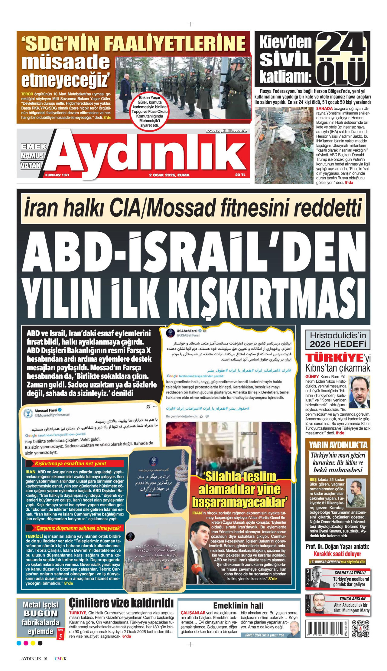 AYDINLIK GAZETESİ gazetesinin 2 Ocak 2026 tarihli birinci sayfası