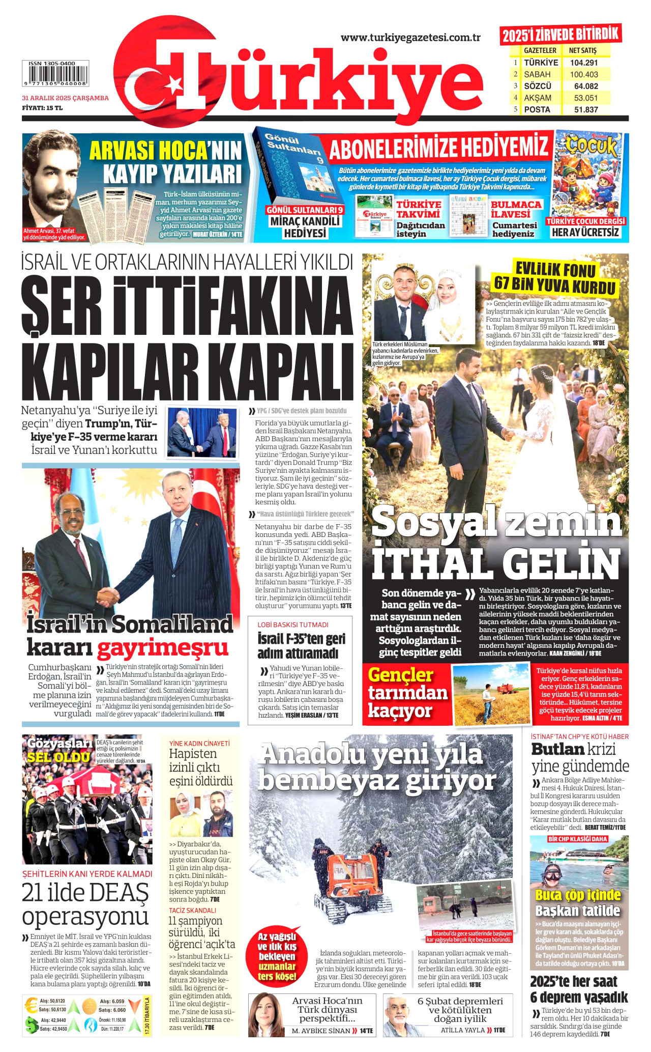 TÜRKİYE GAZETESİ gazetesinin 31 Aralık 2025 tarihli birinci sayfası