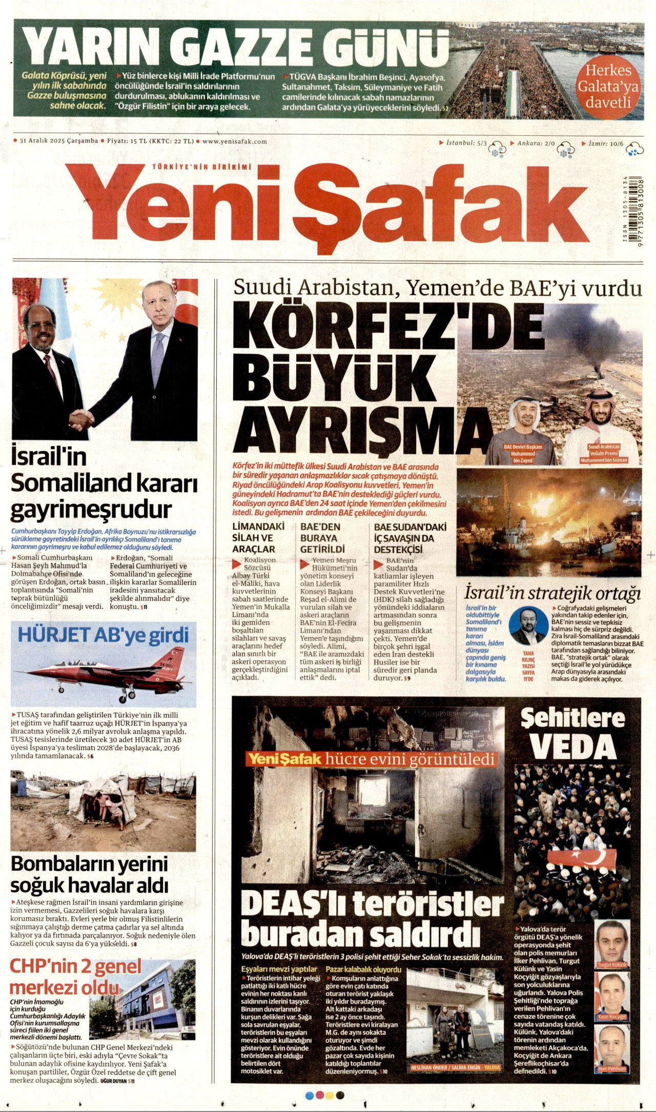 YENİ ŞAFAK gazetesinin 31 Aralık 2025 tarihli birinci sayfası