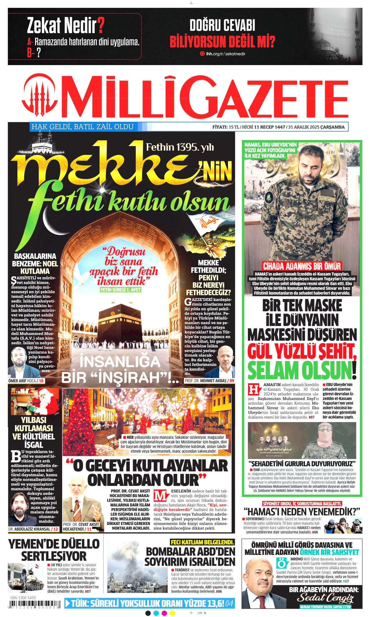 MİLLİ GAZETE gazetesinin 31 Aralık 2025 tarihli birinci sayfası