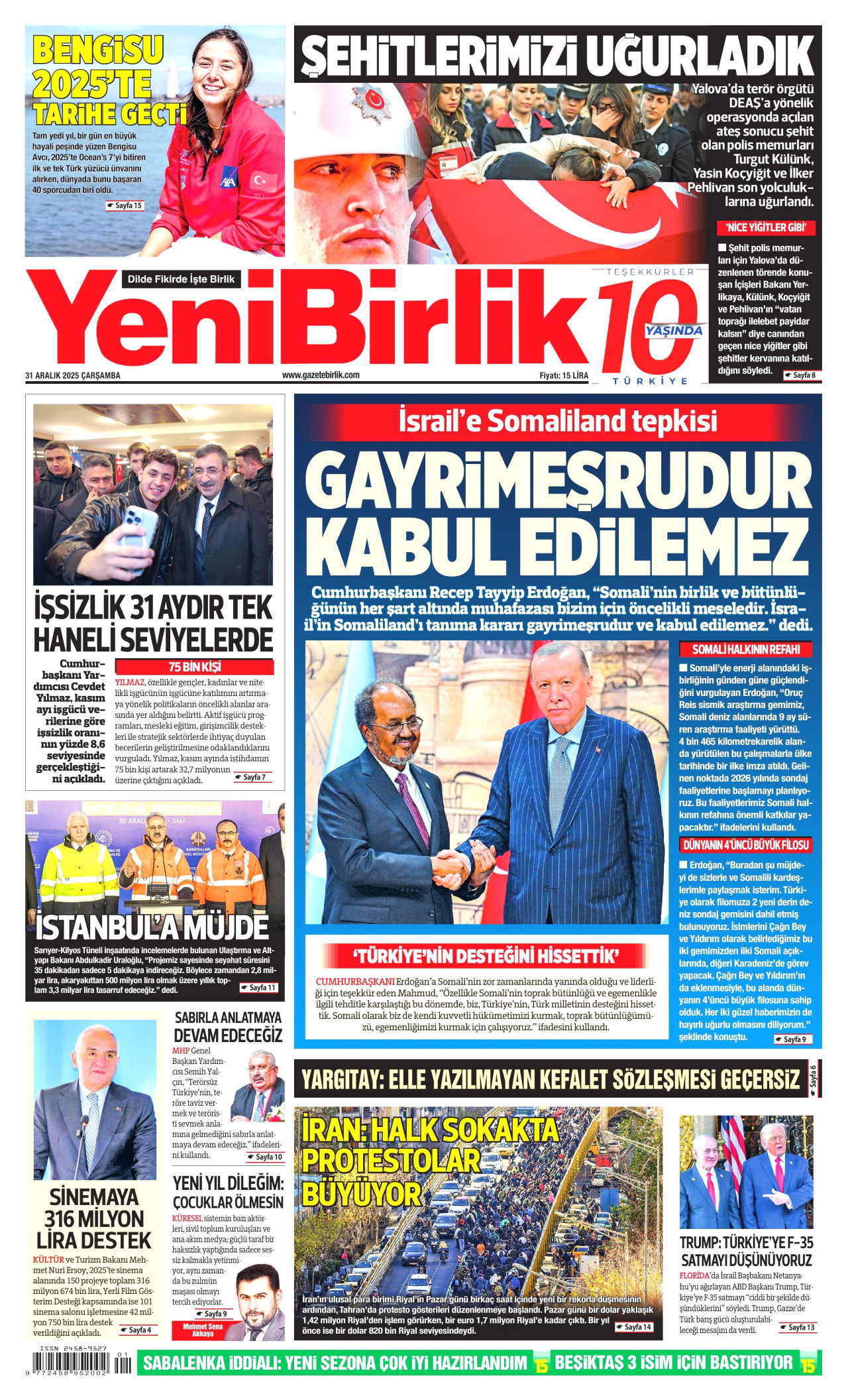 YENİBİRLİK gazetesinin 31 Aralık 2025 tarihli birinci sayfası
