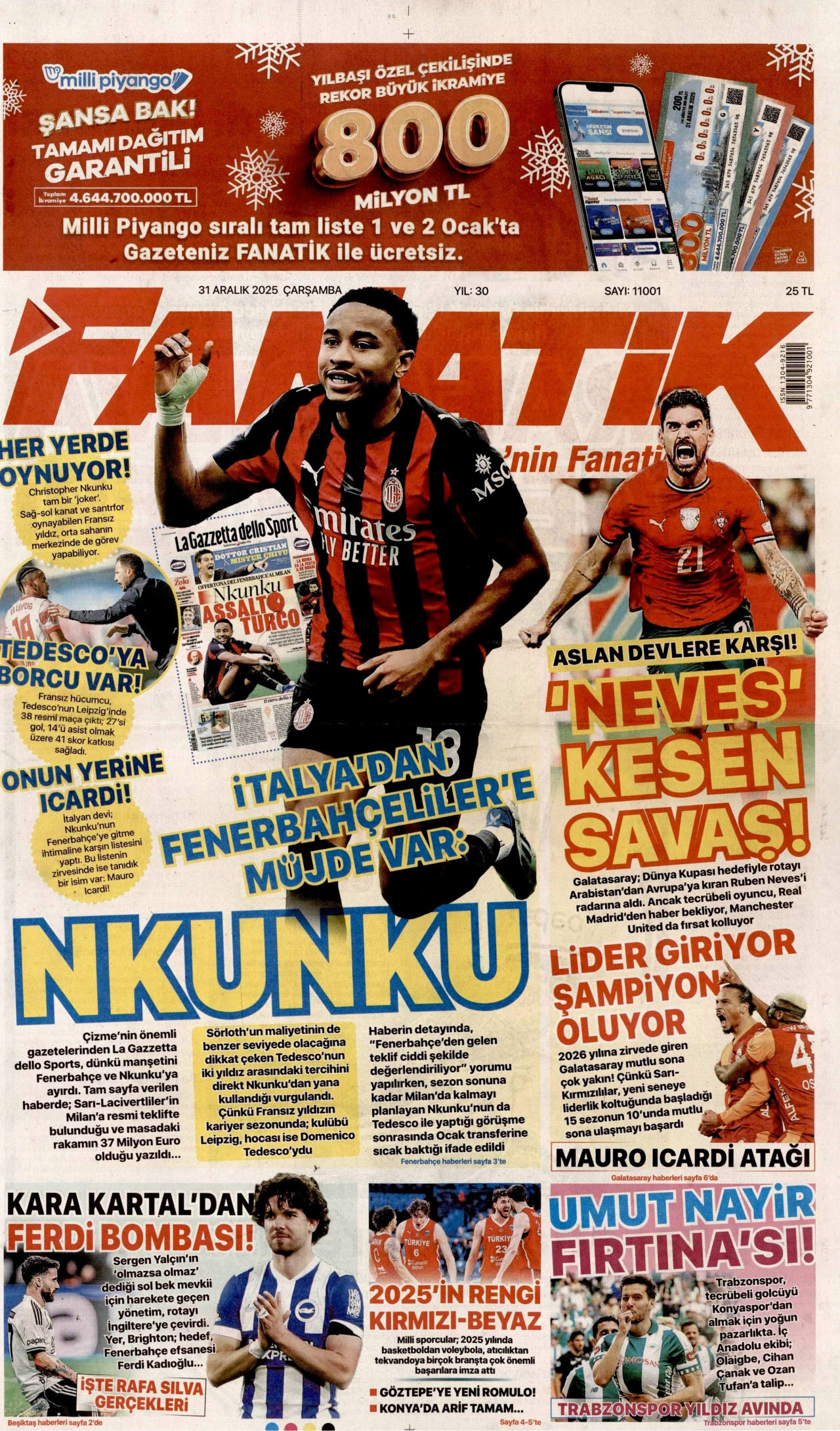 FANATİK gazetesinin 31 Aralık 2025 tarihli birinci sayfası