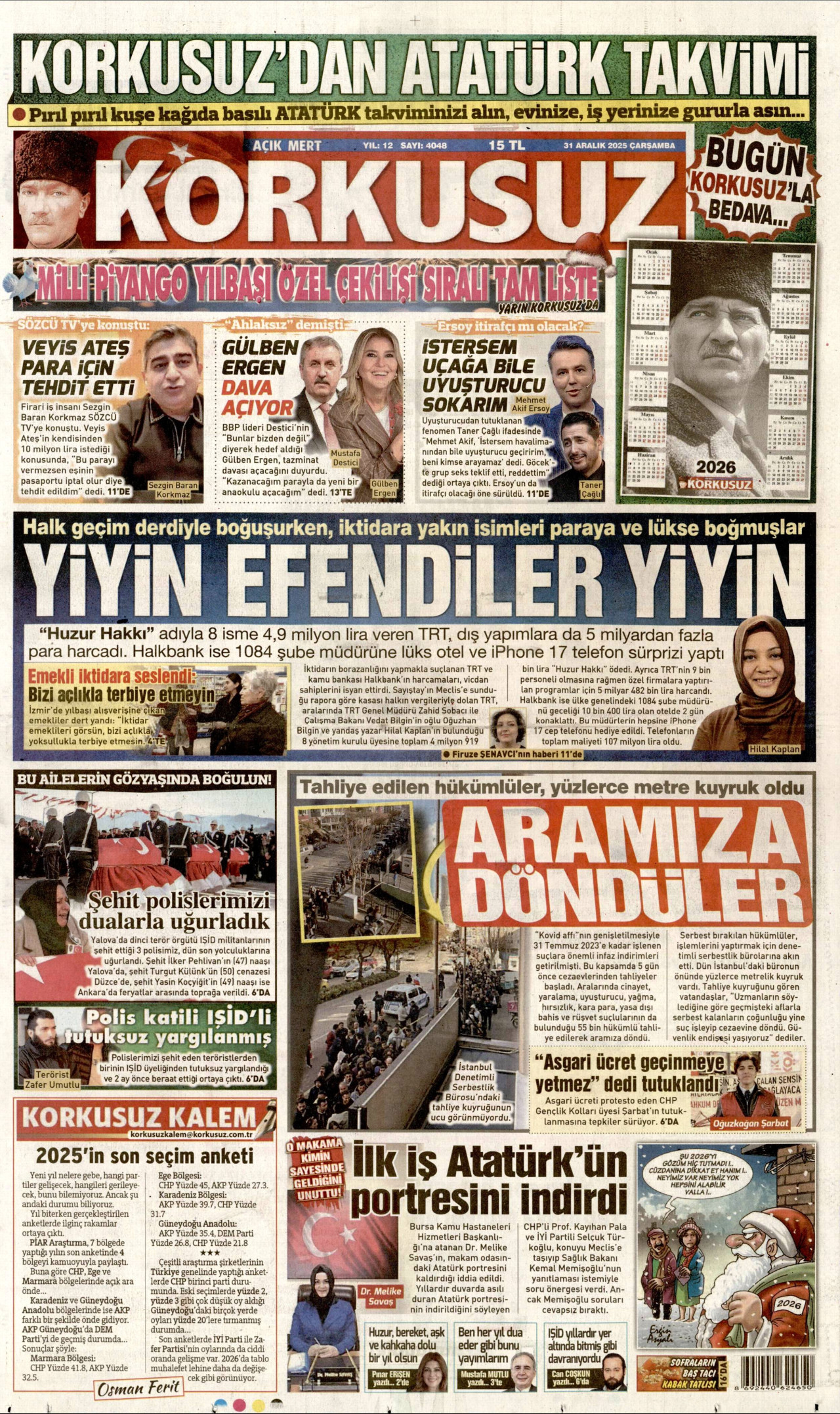 KORKUSUZ gazetesinin 31 Aralık 2025 tarihli birinci sayfası