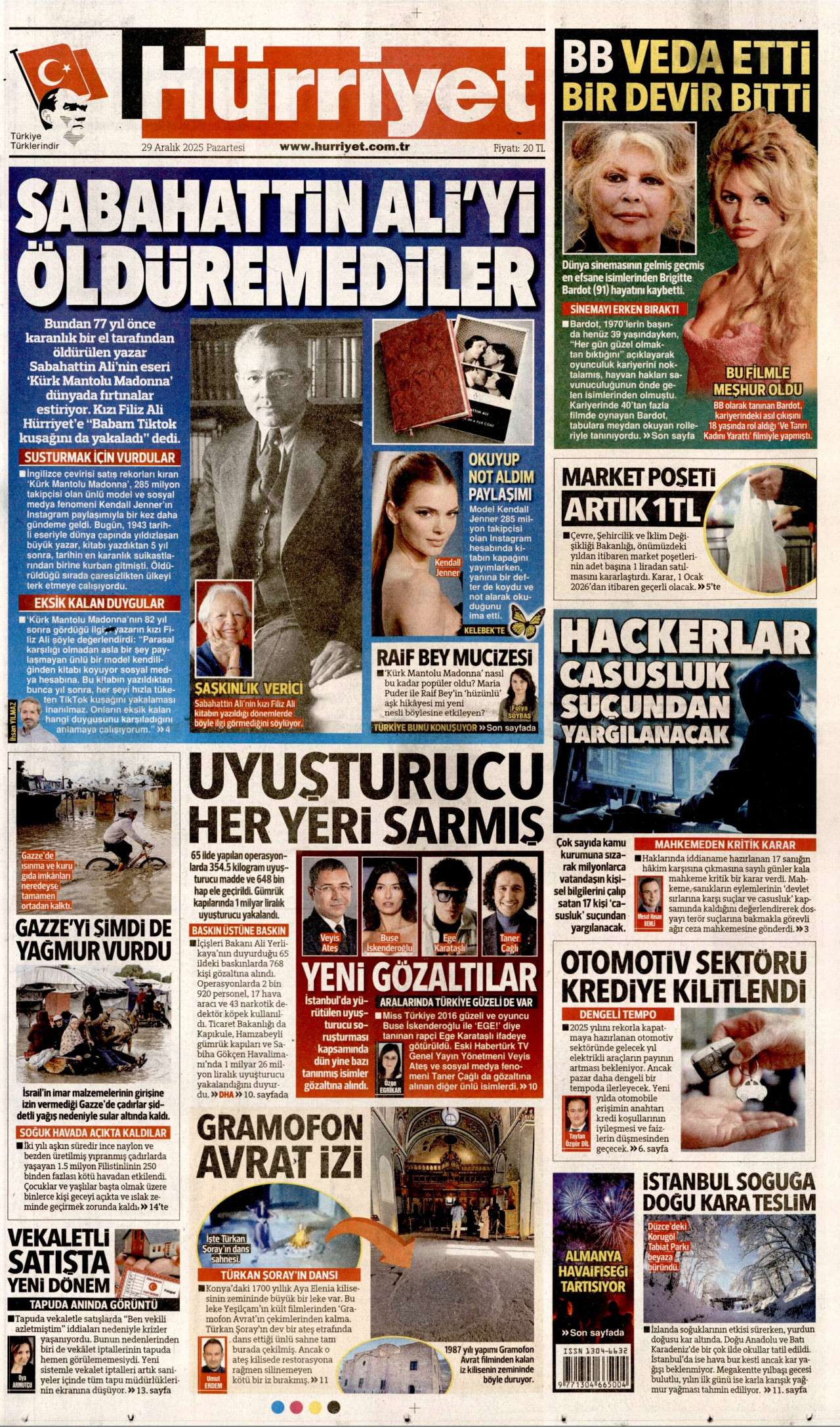 HÜRRİYET gazetesinin 29 Aralık 2025 tarihli birinci sayfası