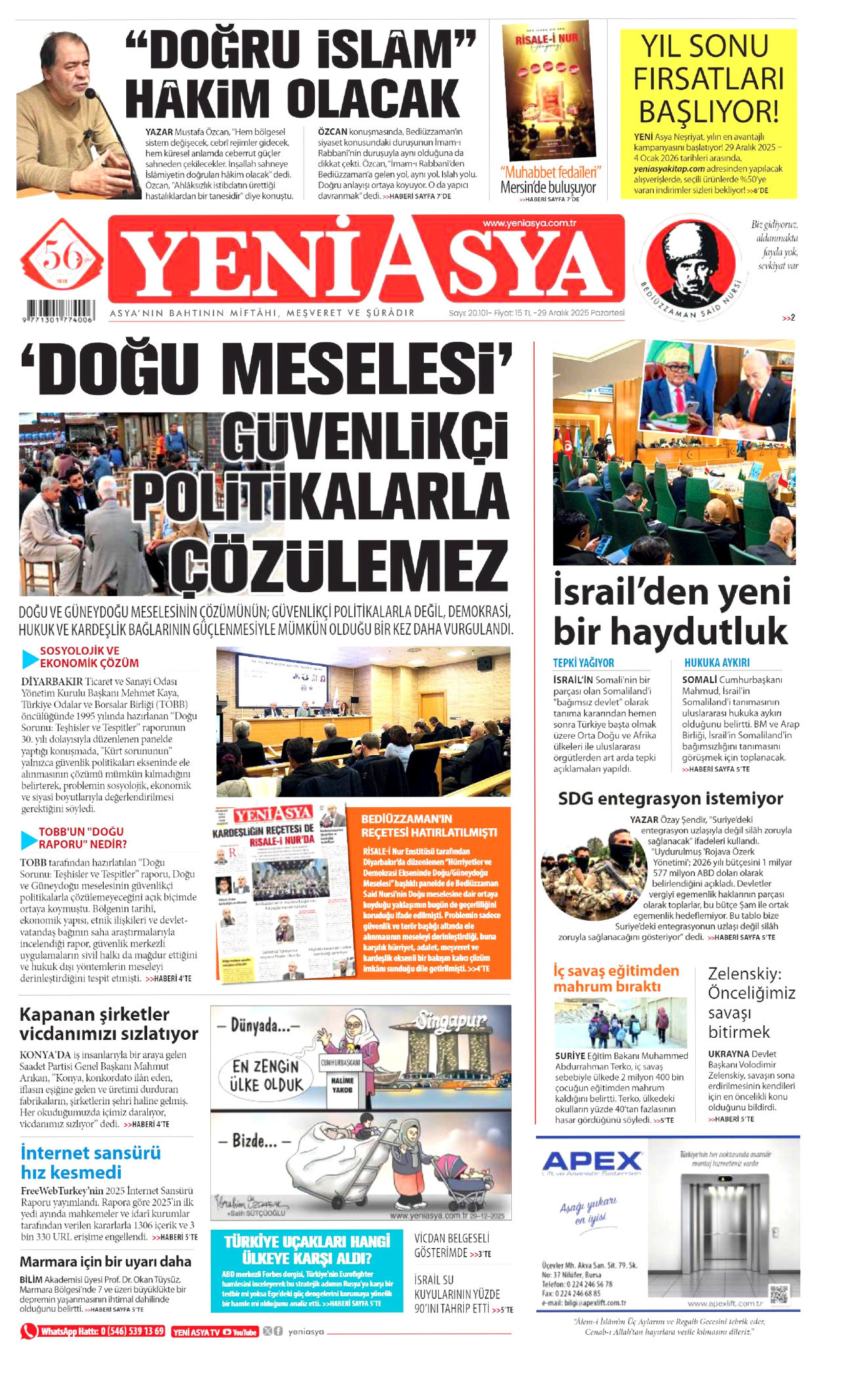 YENİ ASYA gazetesinin 29 Aralık 2025 tarihli birinci sayfası