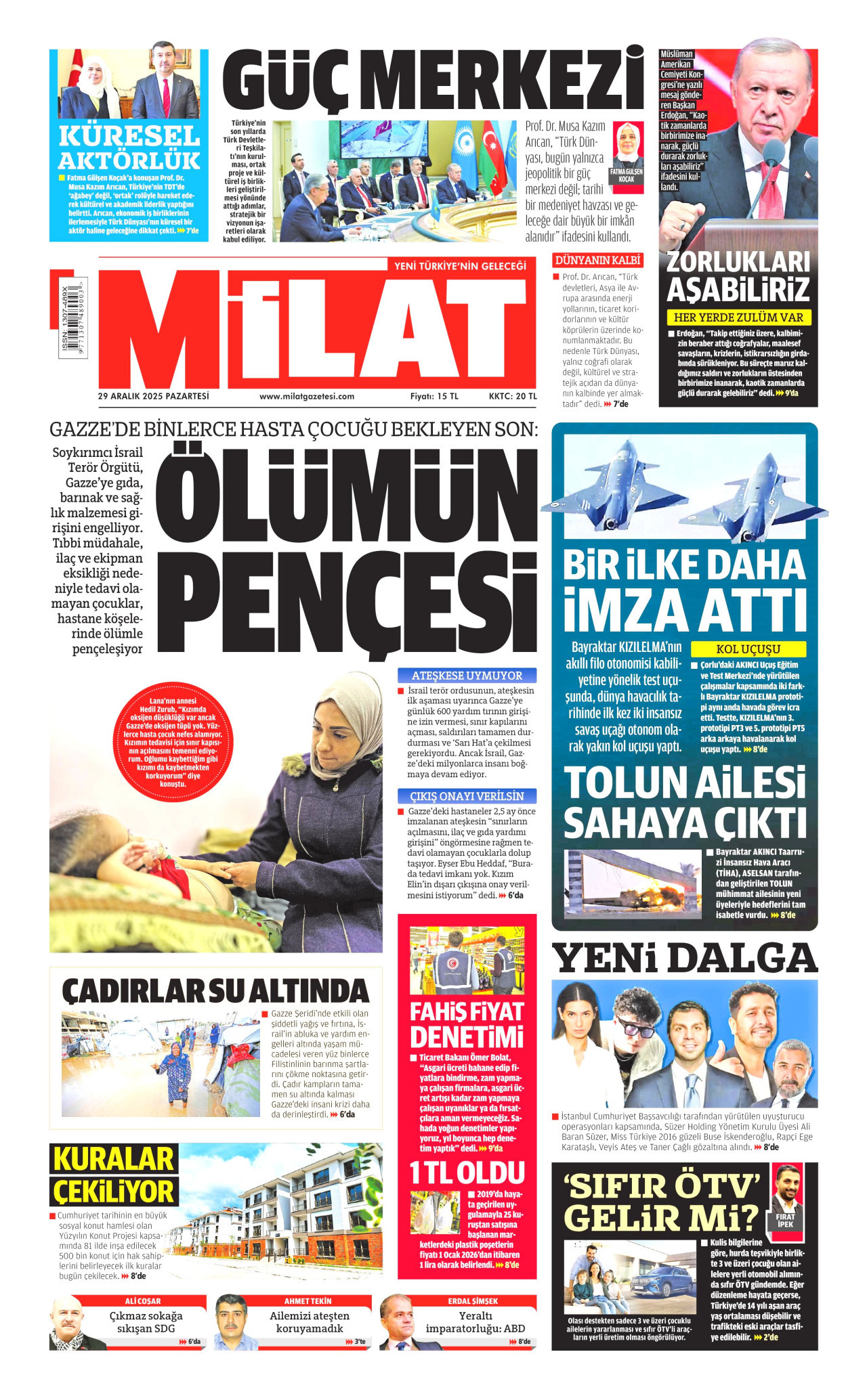 MİLAT gazetesinin 29 Aralık 2025 tarihli birinci sayfası