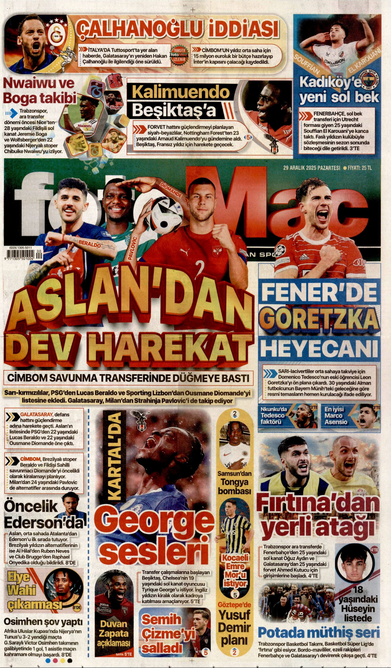 FOTOMAÇ gazetesinin 29 Aralık 2025 tarihli birinci sayfası