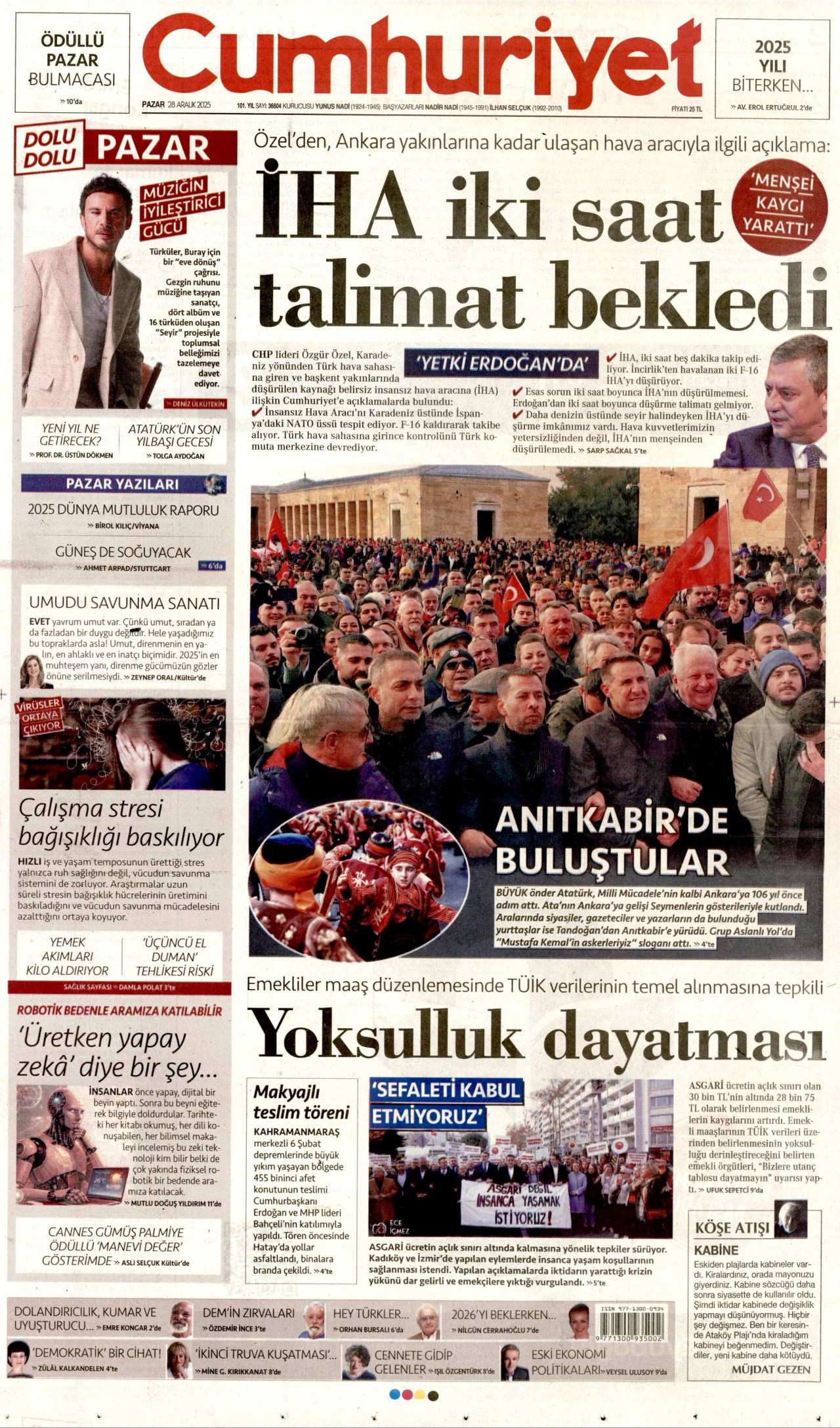 CUMHURİYET gazetesinin 28 Aralık 2025 tarihli birinci sayfası