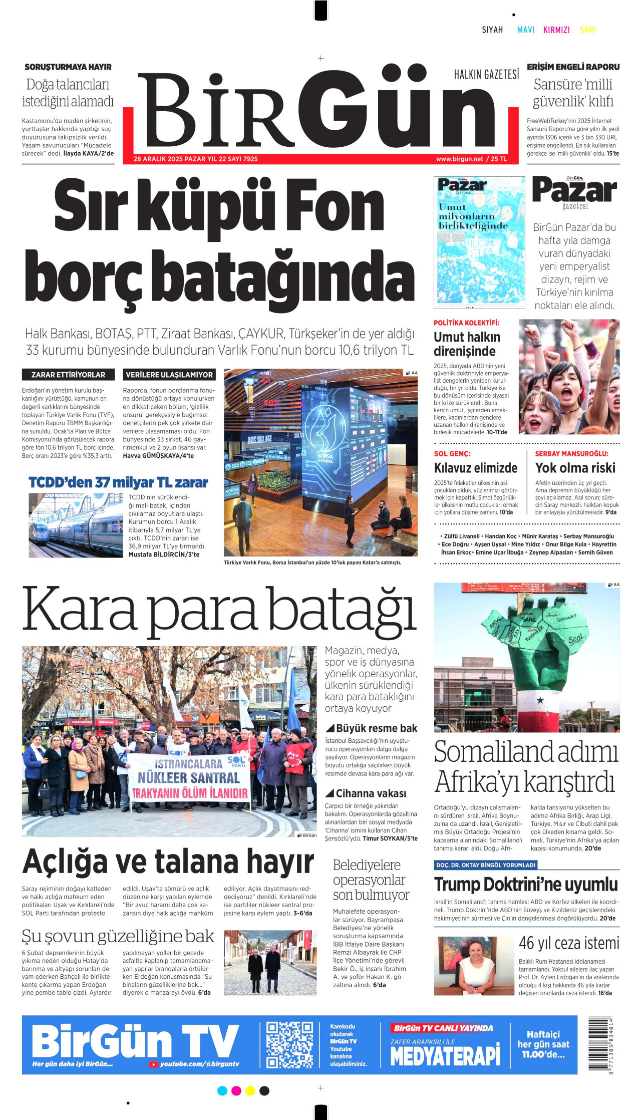 BİRGÜN gazetesinin 28 Aralık 2025 tarihli birinci sayfası