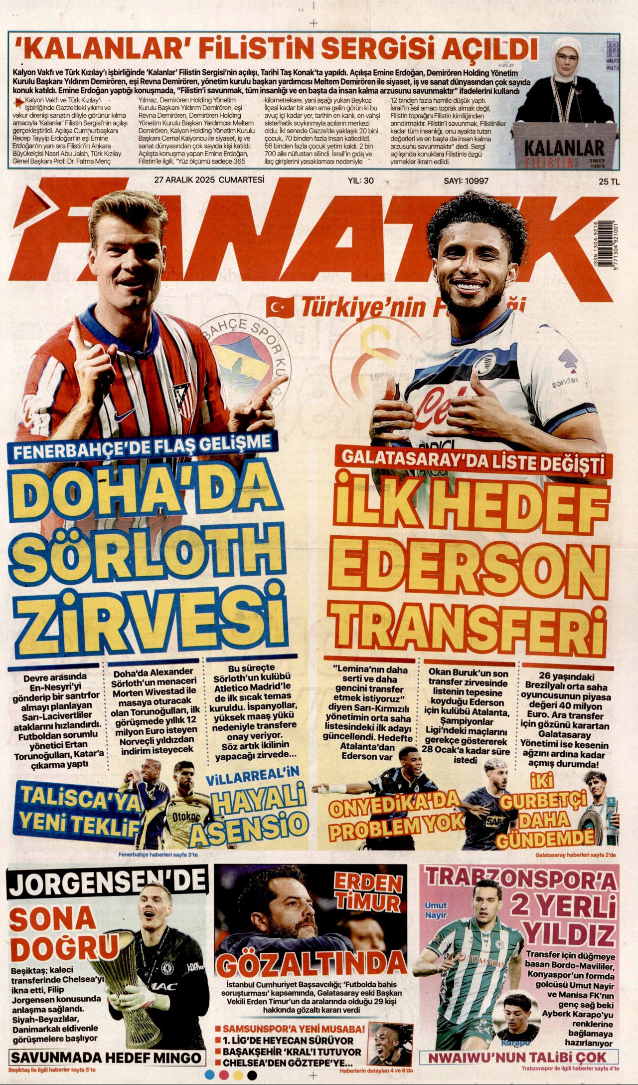 FANATİK gazetesinin 27 Aralık 2025 tarihli birinci sayfası