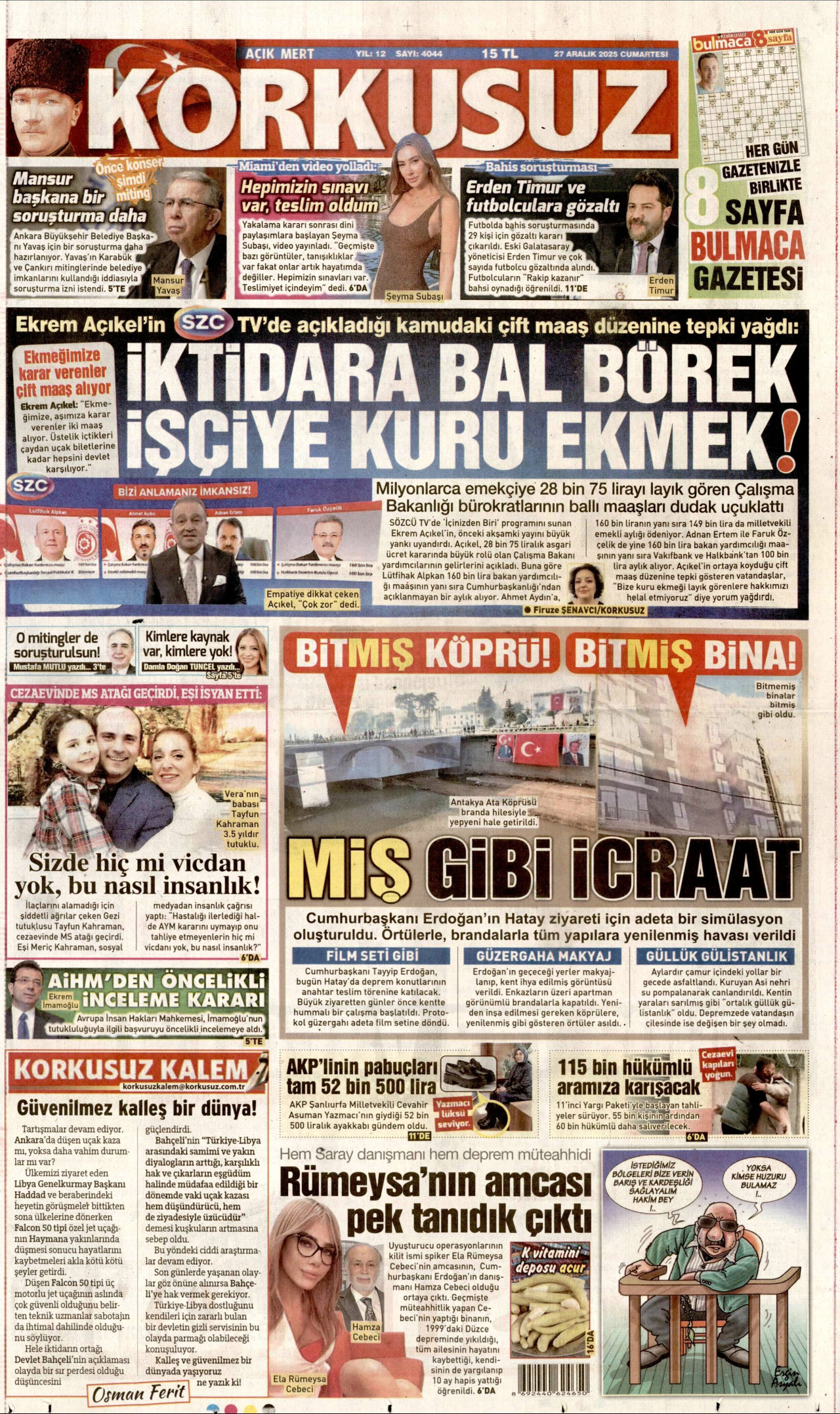 KORKUSUZ gazetesinin 27 Aralık 2025 tarihli birinci sayfası