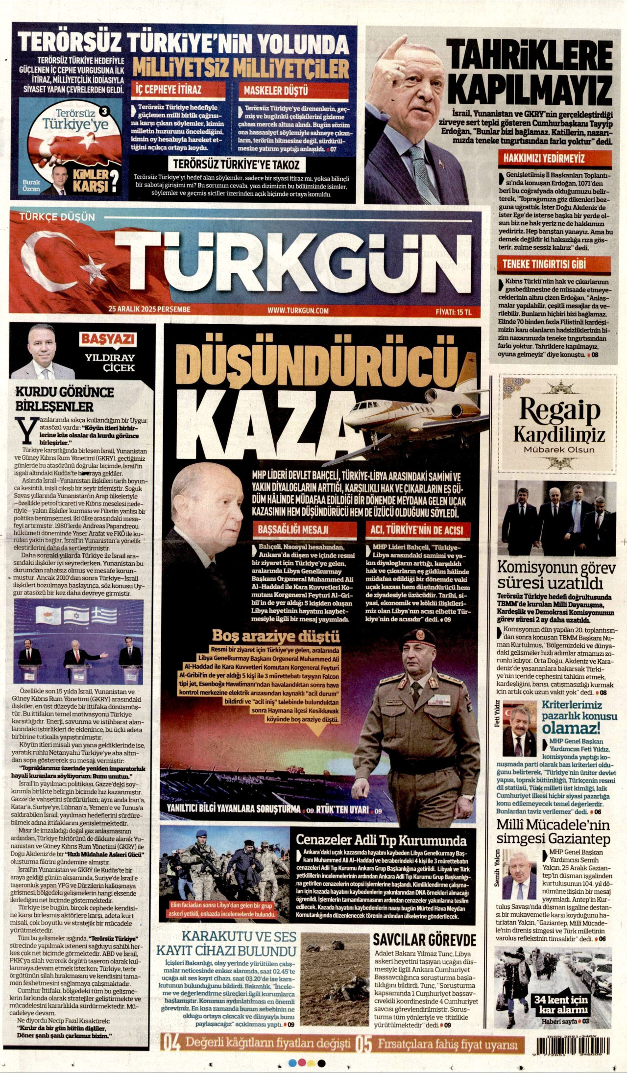 TÜRKGÜN gazetesinin 25 Aralık 2025 tarihli birinci sayfası
