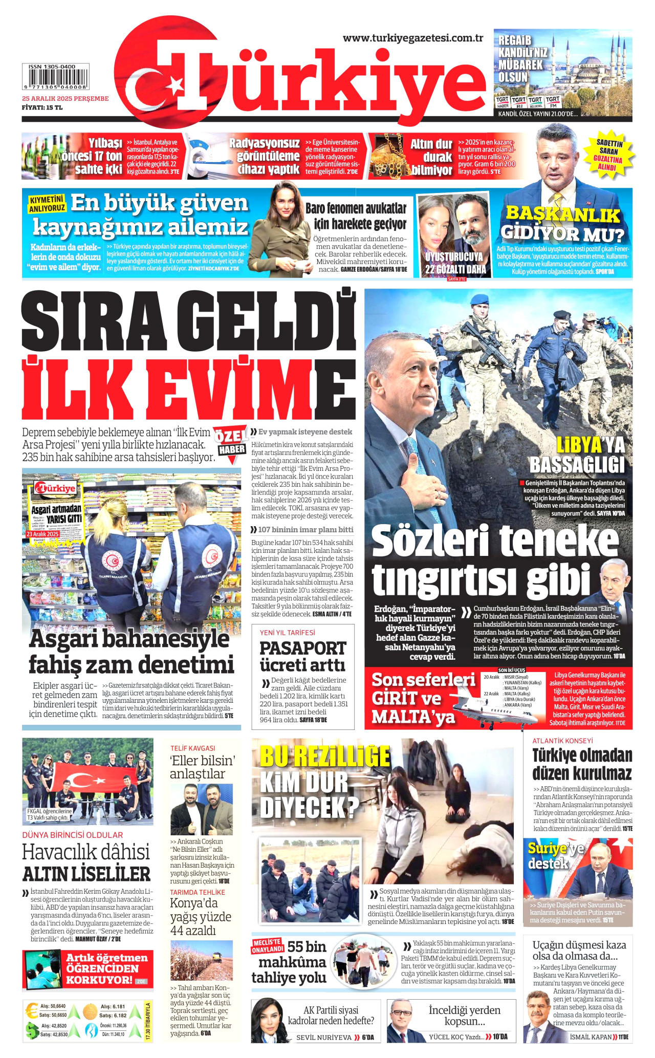 TÜRKİYE GAZETESİ gazetesinin 25 Aralık 2025 tarihli birinci sayfası