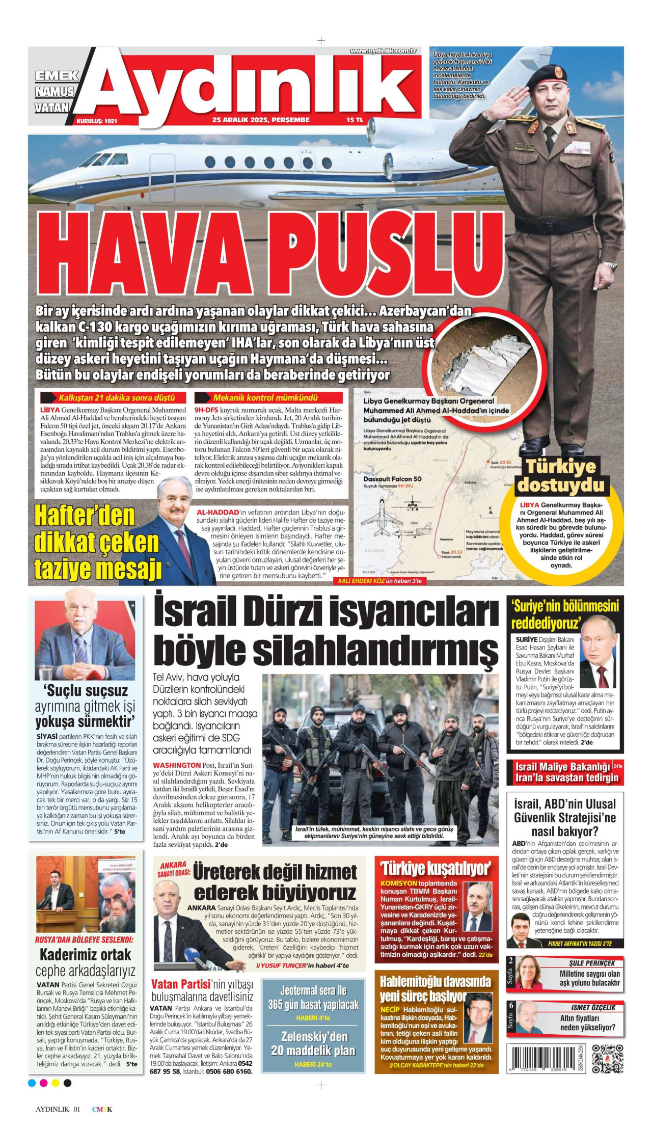 AYDINLIK GAZETESİ gazetesinin 25 Aralık 2025 tarihli birinci sayfası
