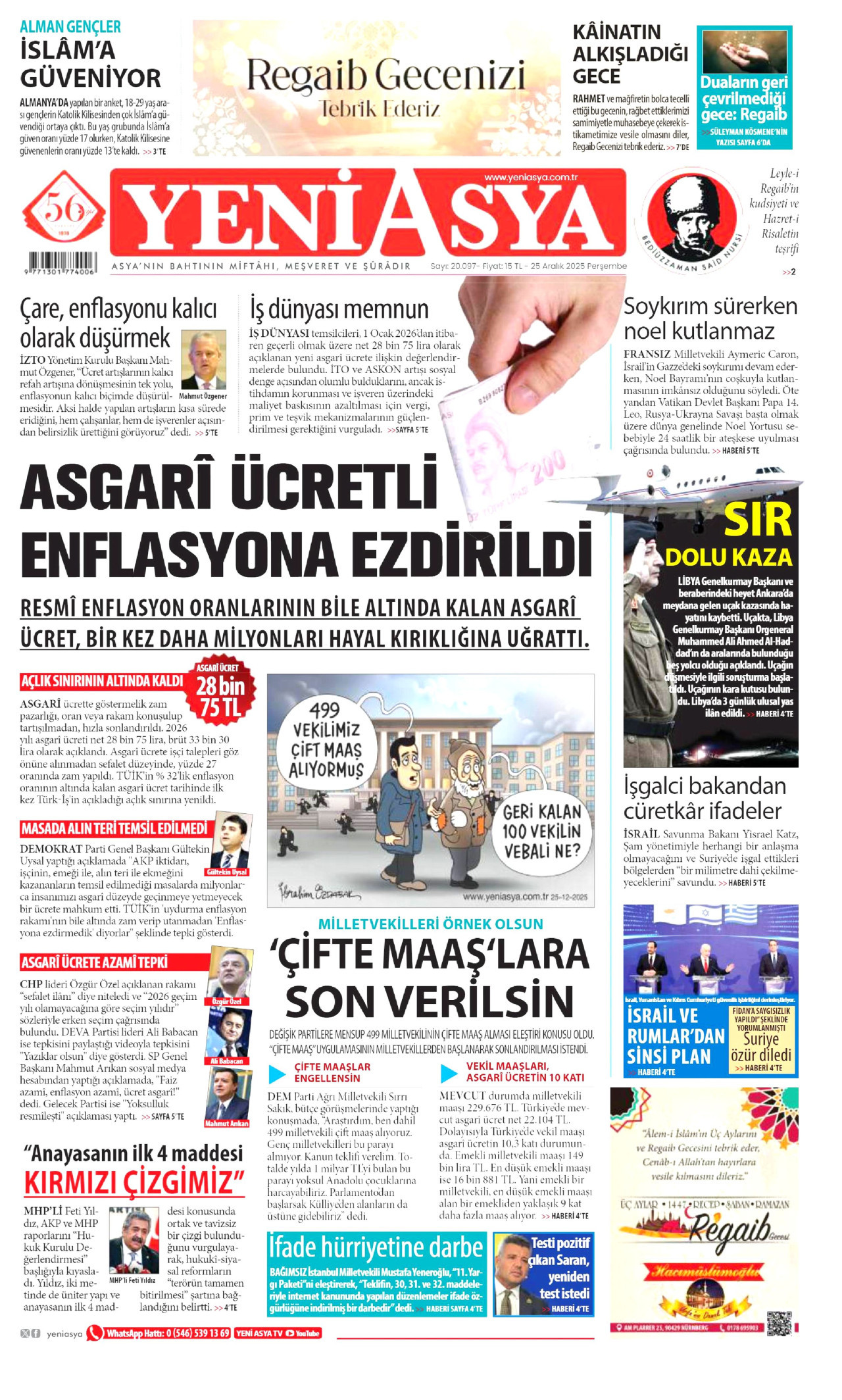 YENİ ASYA gazetesinin 25 Aralık 2025 tarihli birinci sayfası