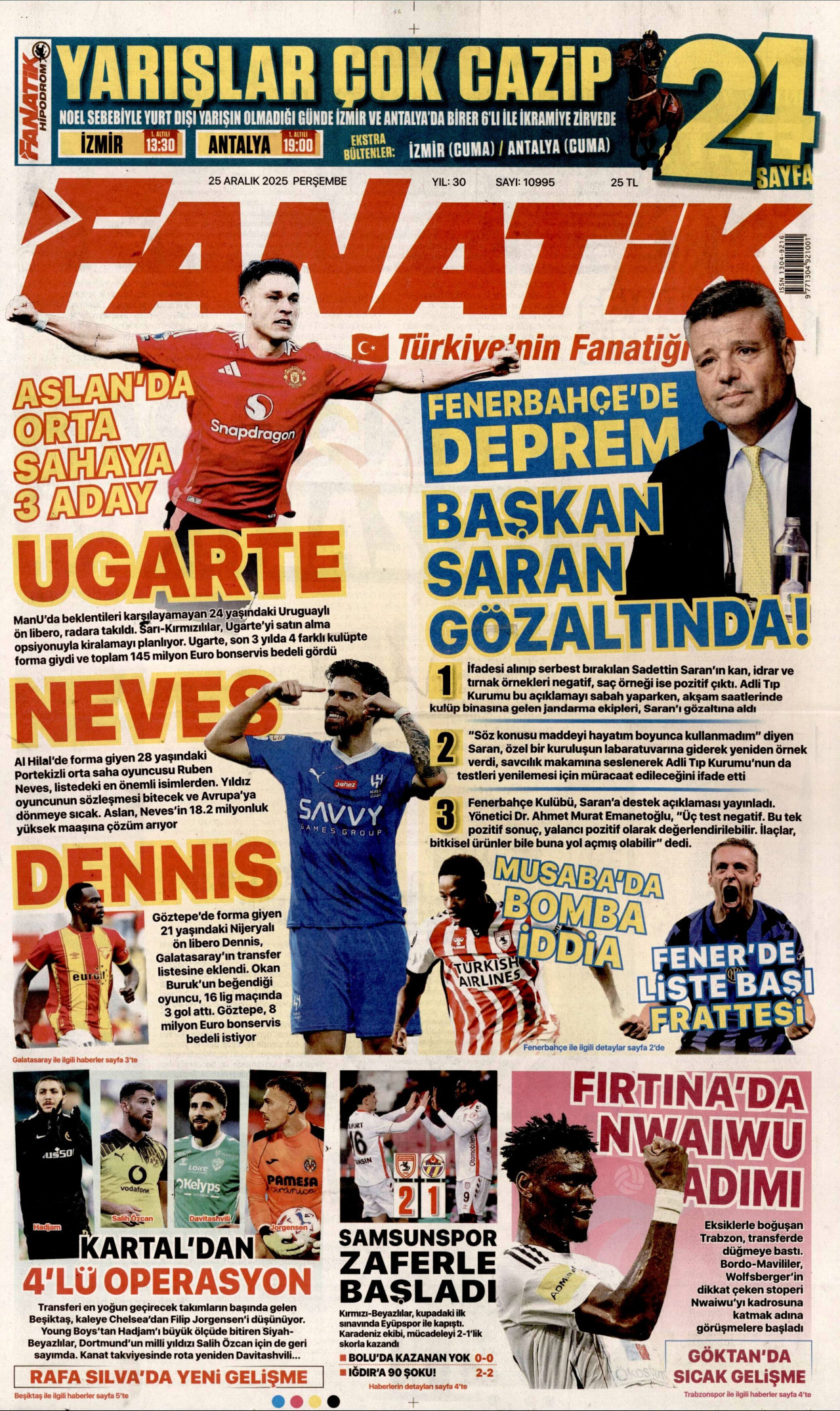 FANATİK gazetesinin 25 Aralık 2025 tarihli birinci sayfası