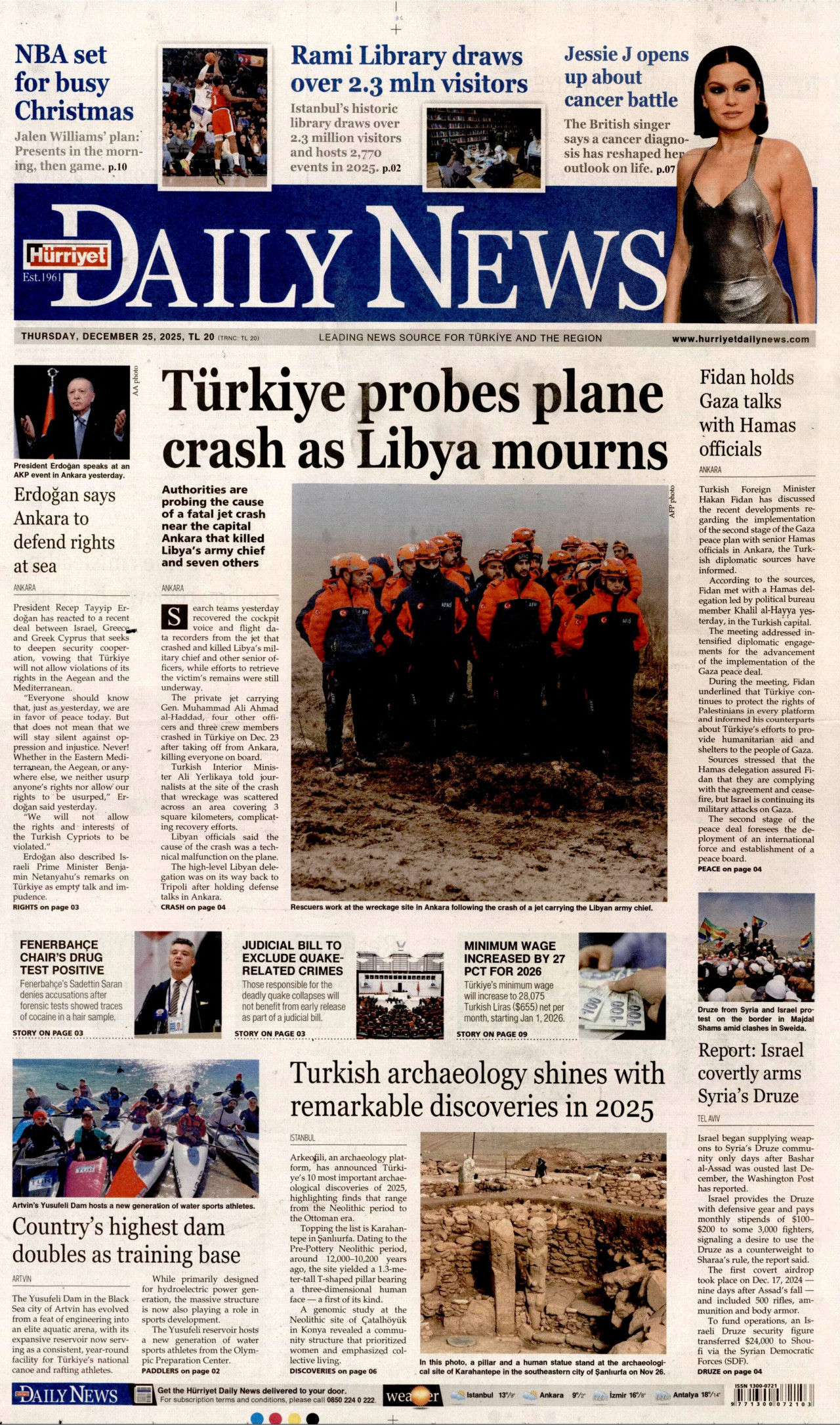 HÜRRİYET DAİLY NEWS gazetesinin 25 Aralık 2025 tarihli birinci sayfası